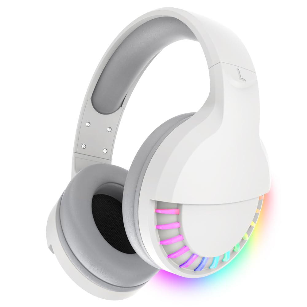 Wireless Bluetooth Headphones with Active Noise Cancelling, HiFi Stereo Sound & Deep Bass - Over-Ear Headset with Mic, RGB Backlight & Protein Earpads for PC, Mac, Gaming, Travel, Office & Home Use (White) - Perfect for Work, Entertainment & Long Flights