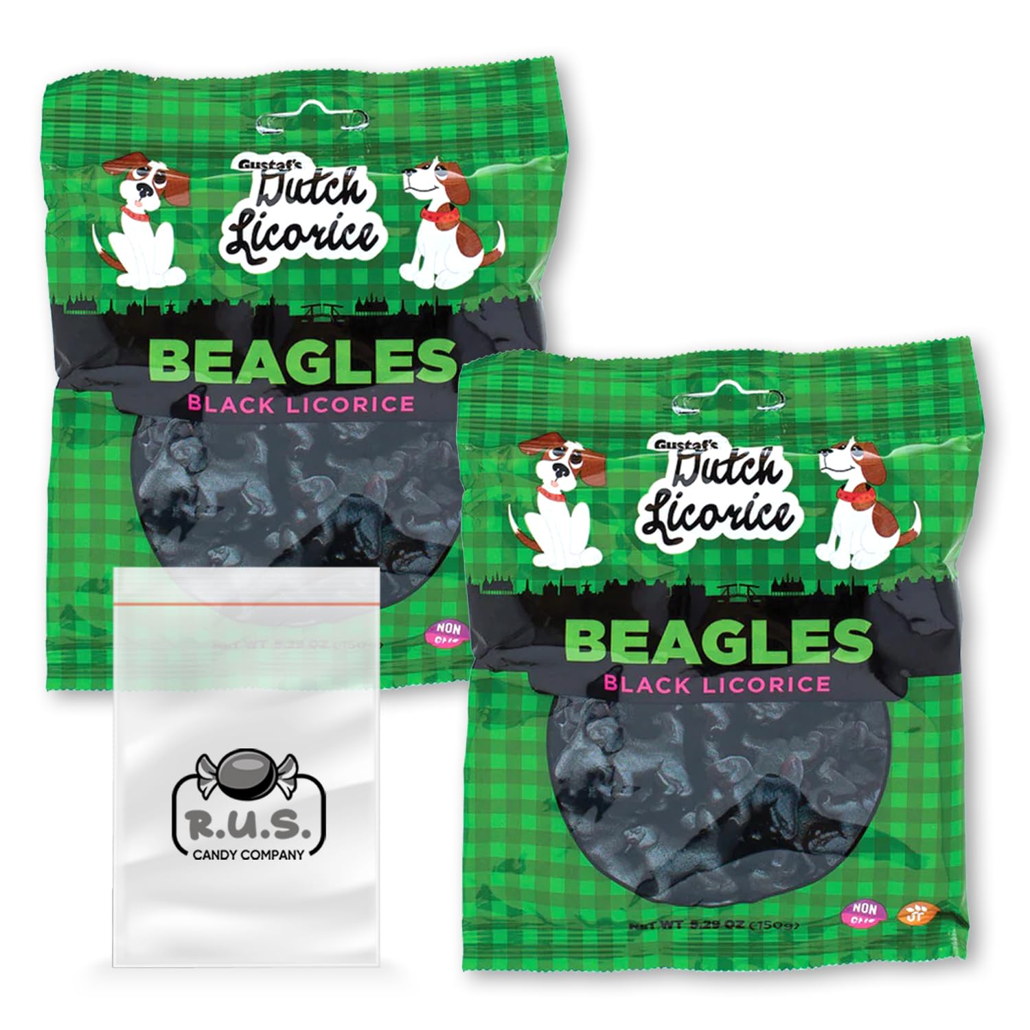 Gustaf's Dutch Licorice Beagle Black Licorice Candy - 2 Pack (5.29 oz Each) | Authentic Imported Dutch Treats | Great for Travel, Gifts & Movie Snacks | Includes RUS Candy Company Travel Size Bags