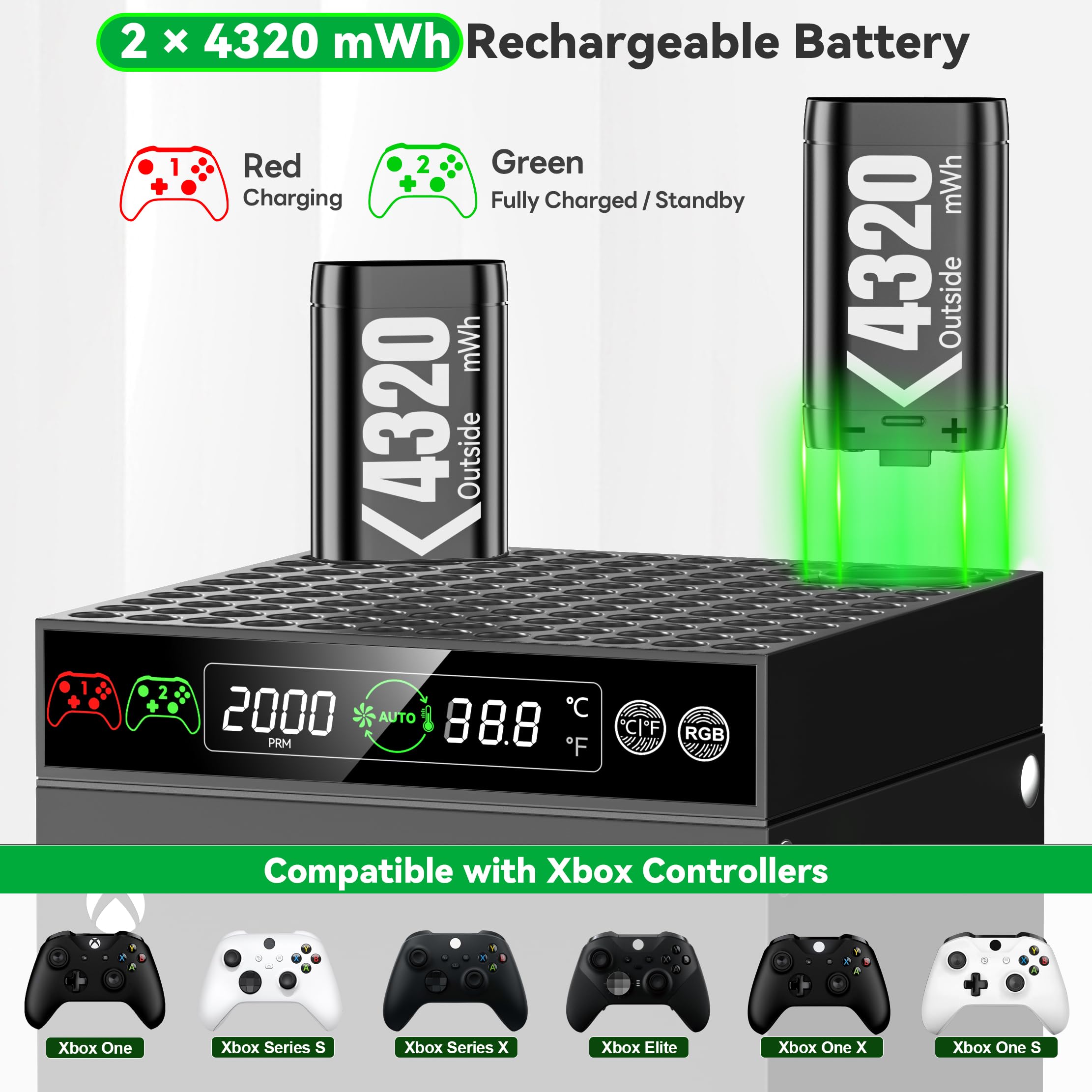 Xbox Series X/S Cooling Fan with Auto Adjustable System - 2 Pack Rechargeable 4320mWh Battery, Built-in Cooling Fans, Controller & Headset Holders - Perfect for Gaming Marathons & Hot Weather Play