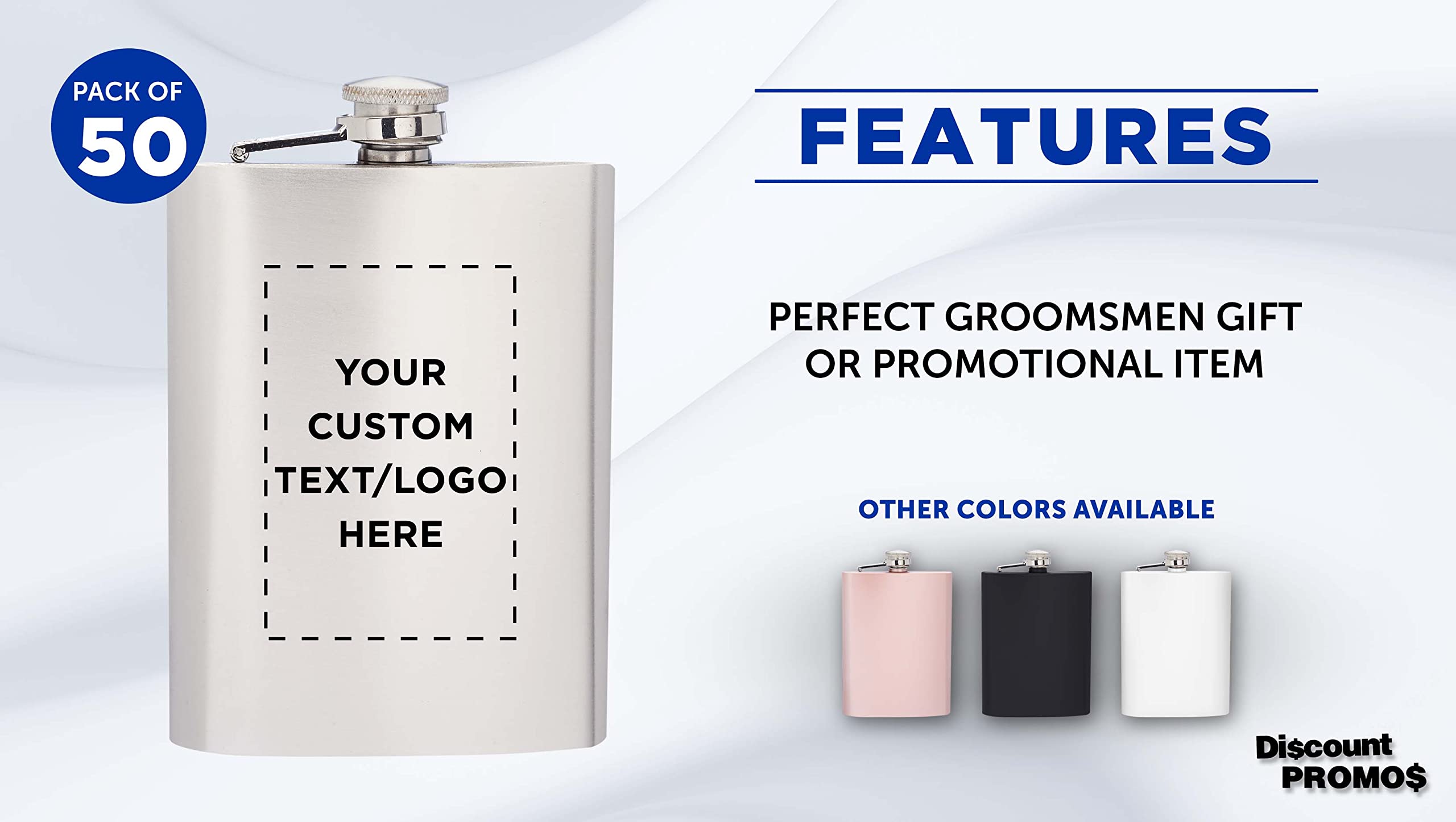Custom Engraved Stainless Steel Hip Flasks 8oz (50 Pack) - Bulk Personalized Wedding Party Gifts, Groomsmen Presents, Camping & Outdoor Accessories - Silver Finish for Elegant Events & Adventure Trips