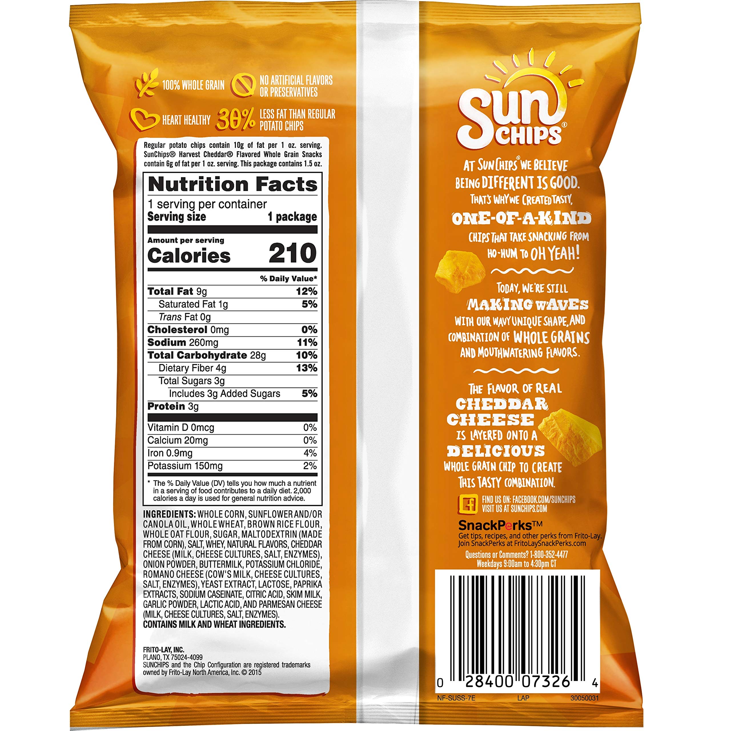 SunChips Multigrain Snacks, Harvest Cheddar Flavor, 1.5 Oz (Pack of 64) - Healthy Crunchy Snacks for Parties, Lunch Boxes & On-the-Go Snacking