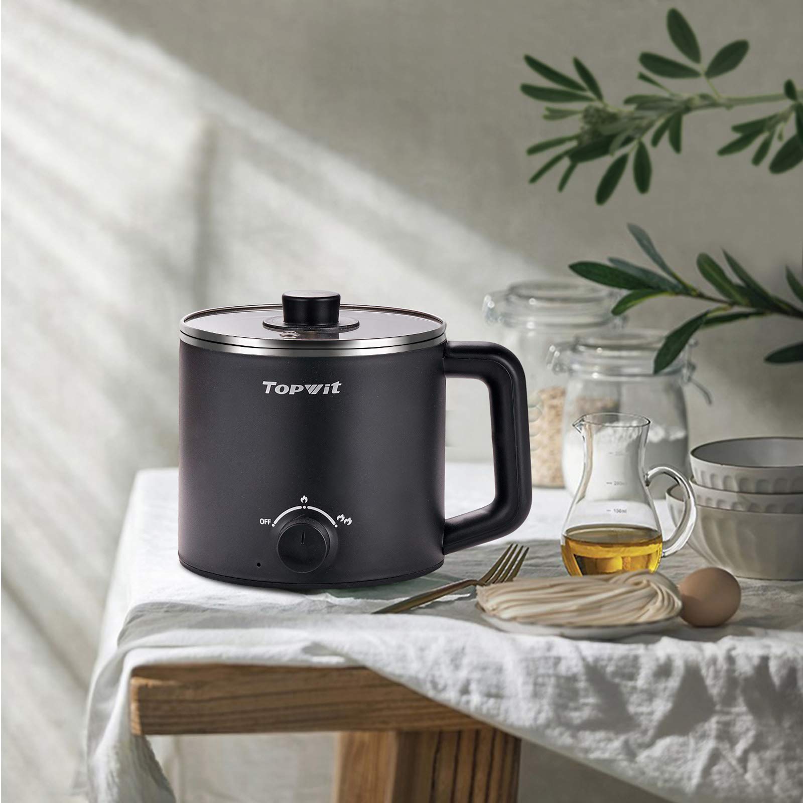 Topwit 1.6L Electric Hot Pot - Multi-Function Cooker for Ramen, Pasta, Shabu-Shabu, Soup & Eggs | Portable Mini Cooking Pot for Dorm, Office & Camping | Black