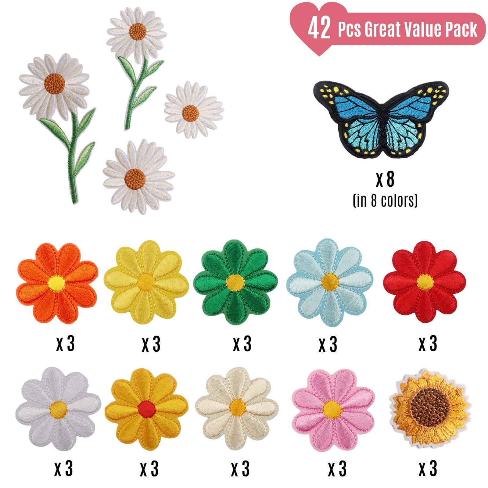 Sunflower & Butterfly Iron On Patches Set - Large Embroidered Appliques for DIY Clothing, Jeans, Bags & Crafts - Cute Fabric Decoration for Kids & Adults - Perfect for Customizing Denim Jackets, Backpacks & Home Decor