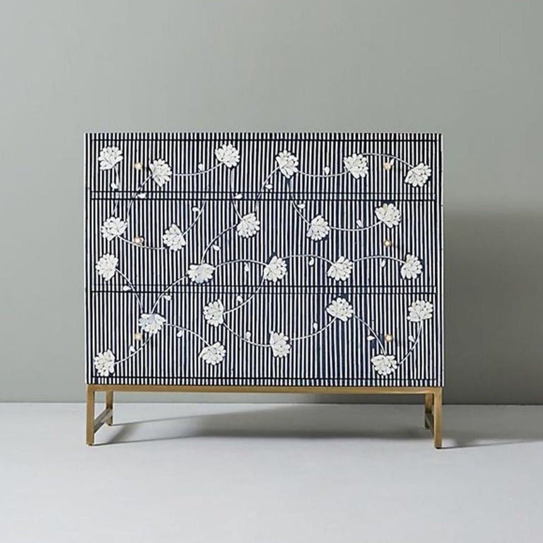 Handmade Bone Inlay Dresser with Floral Design - 3 Drawer Navy Blue Chest with Brass Stand - Perfect for Bedroom, Living Room & Home Decor Storage