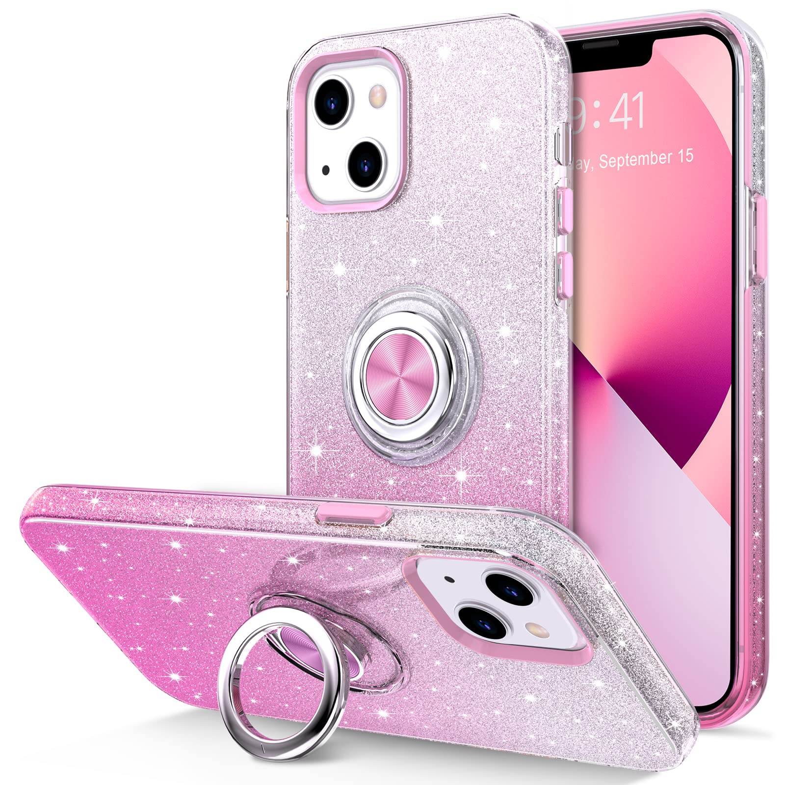 Magnetic iPhone 13 Case with Rotatable Ring Stand - Pink Glitter for Women - Perfect for Car Mount & Daily Use