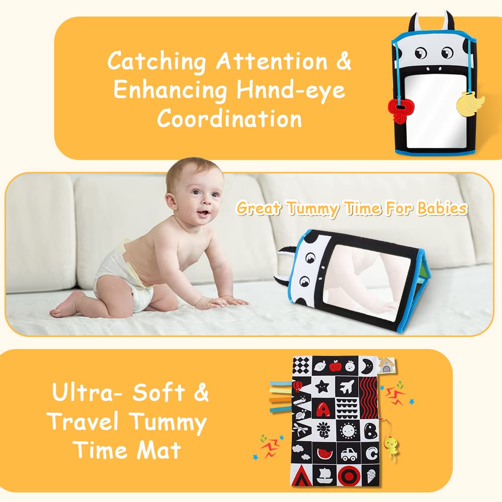 Teytoy Black and White High Contrast Tummy Time Mirror & Sensory Toy for Newborns 0-3 Months - Baby Teether, Crinkle Paper Mat for 4-12 Month Olds - Perfect for Infant Sensory Development and Playtime