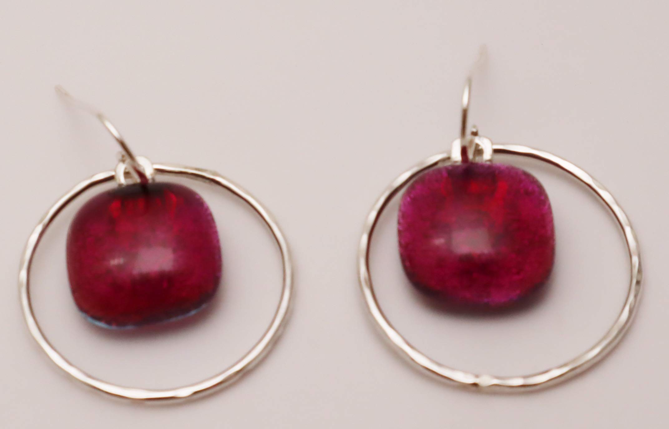 Sterling Silver Hammered Hoop Earrings with Fused Plum Rose Dichroic Glass - Elegant Dangle Earrings for Women, Perfect for Parties, Weddings & Everyday Wear