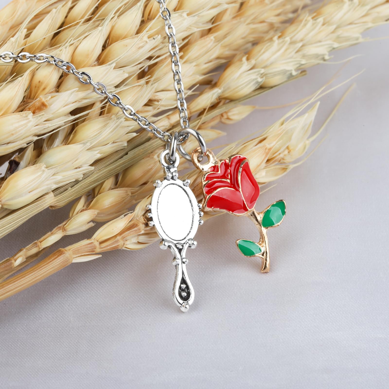 UJIMS Beauty and the Beast Inspired Mirror & Rose Charm Necklace - Belle Princess Jewelry Gift for Disney Fans - Perfect for Cosplay, Birthday, Anniversary & Fairy Tale Themed Events
