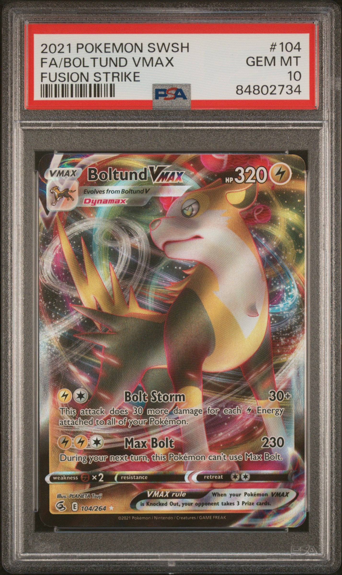 2021 Pokemon Sword & Shield Fusion Strike Full Art Boltund VMAX #104 PSA 10 - Rare Collectible Trading Card for Battles & Display