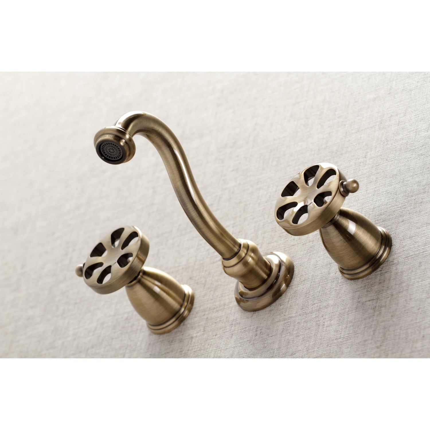 Belknap KS3123RX Double Handle 3 Hole Wall Mount Bathroom Faucet in Antique Brass - Perfect for Vintage Style Bathrooms and Powder Rooms