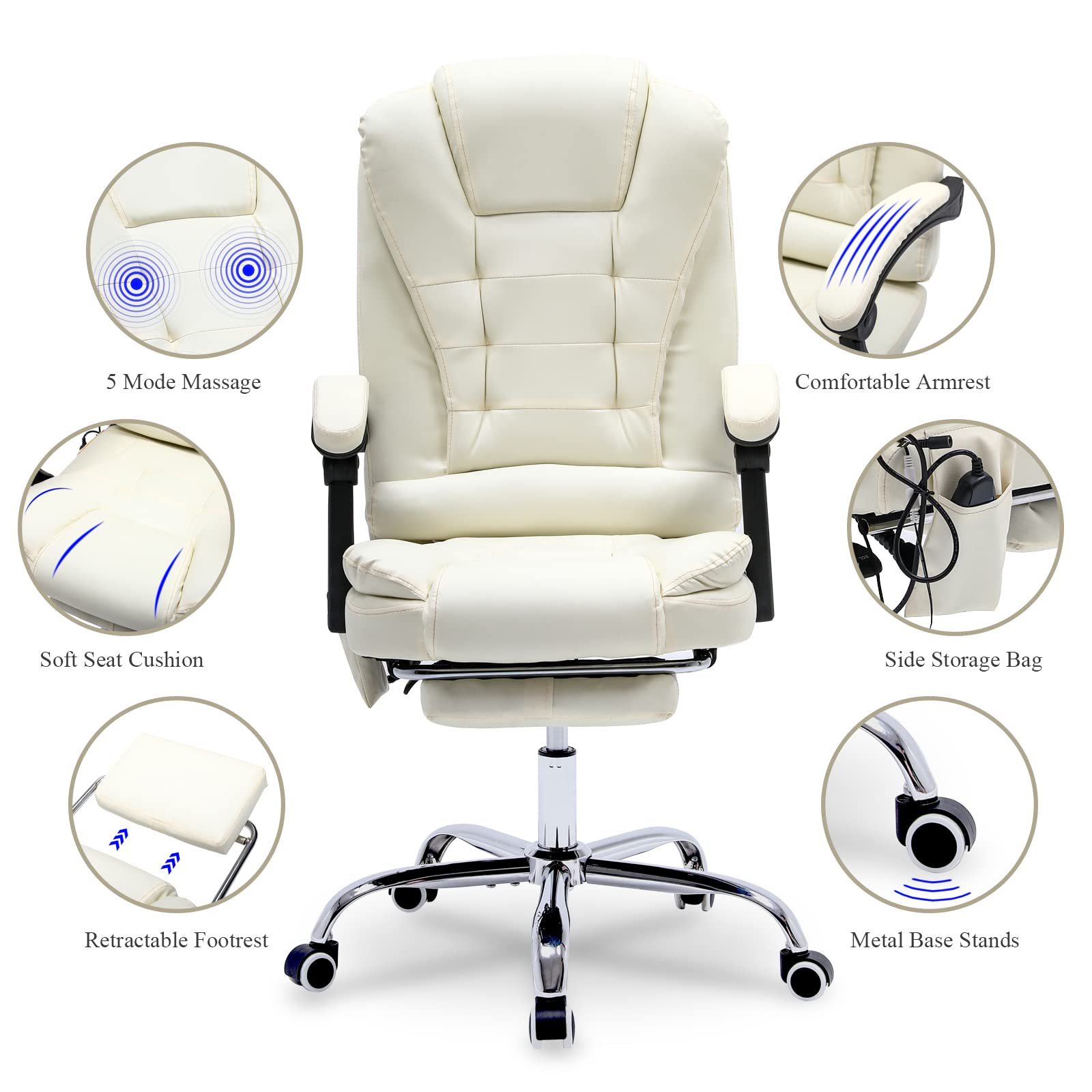 Ergonomic Reclining Office Chair with Massage & Heat - PU Leather Executive Computer Chair with Adjustable Footrest, Padded Armrest & High Back Support - Perfect for Home Office, Gaming & Study (White)