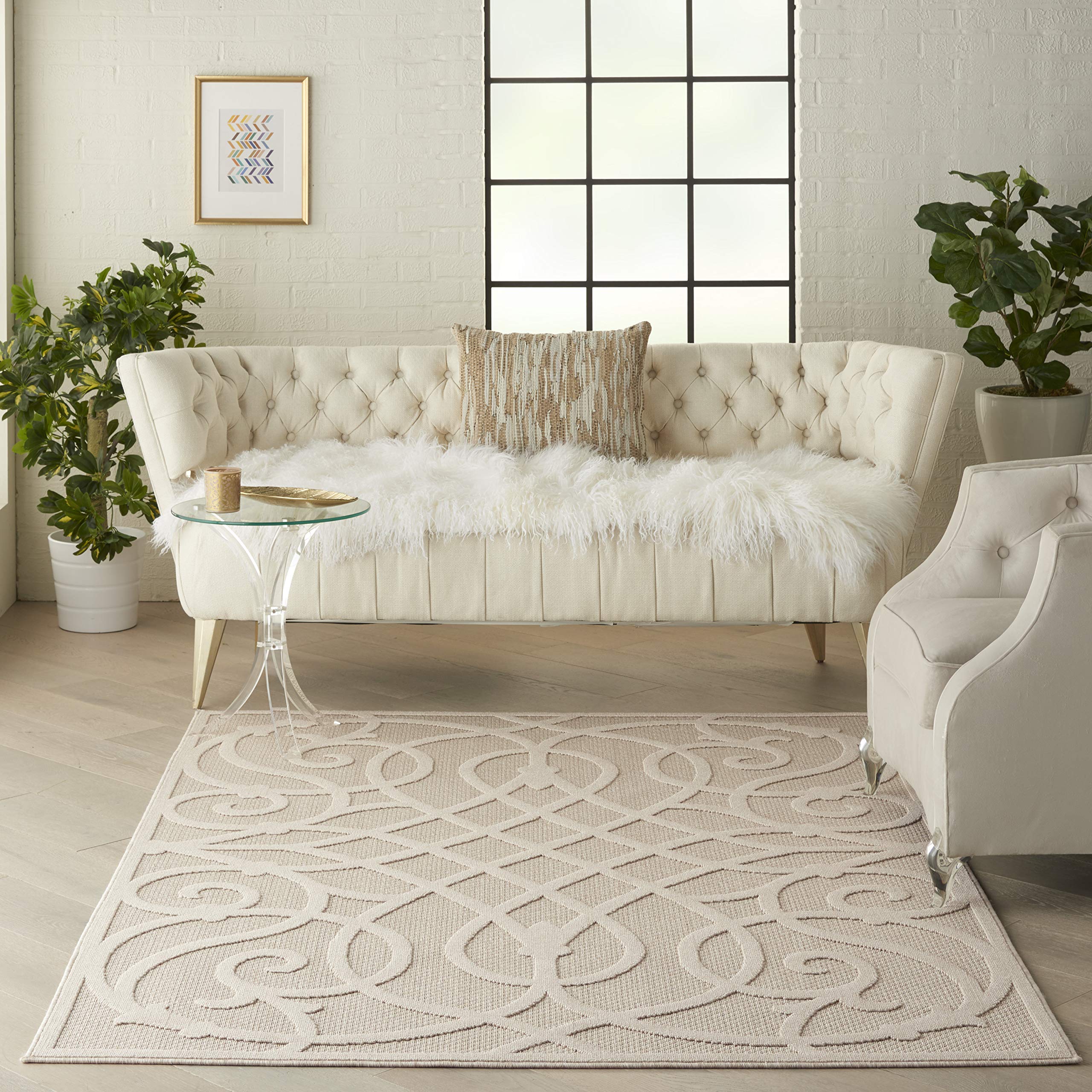 Nourison Palamos 4' x 6' Indoor/Outdoor Area Rug in Cream - Easy to Clean, Non-Shedding for Bedroom, Living Room, Dining Room - Perfect for Backyard, Deck & Patio Use