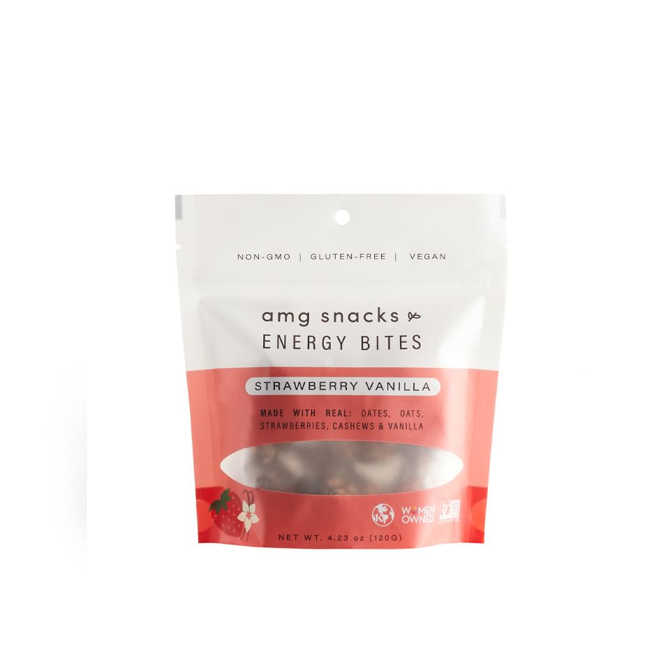 AMG Snacks Strawberry Vanilla Energy Bites - 4.3 oz, Pack of 3 (18 Bites Total) | Healthy Date & Nut Protein Snack Bars | Non-GMO, Gluten Free, Vegan, All Natural Ingredients | Perfect for Hiking, Workouts & On-the-Go Snacking