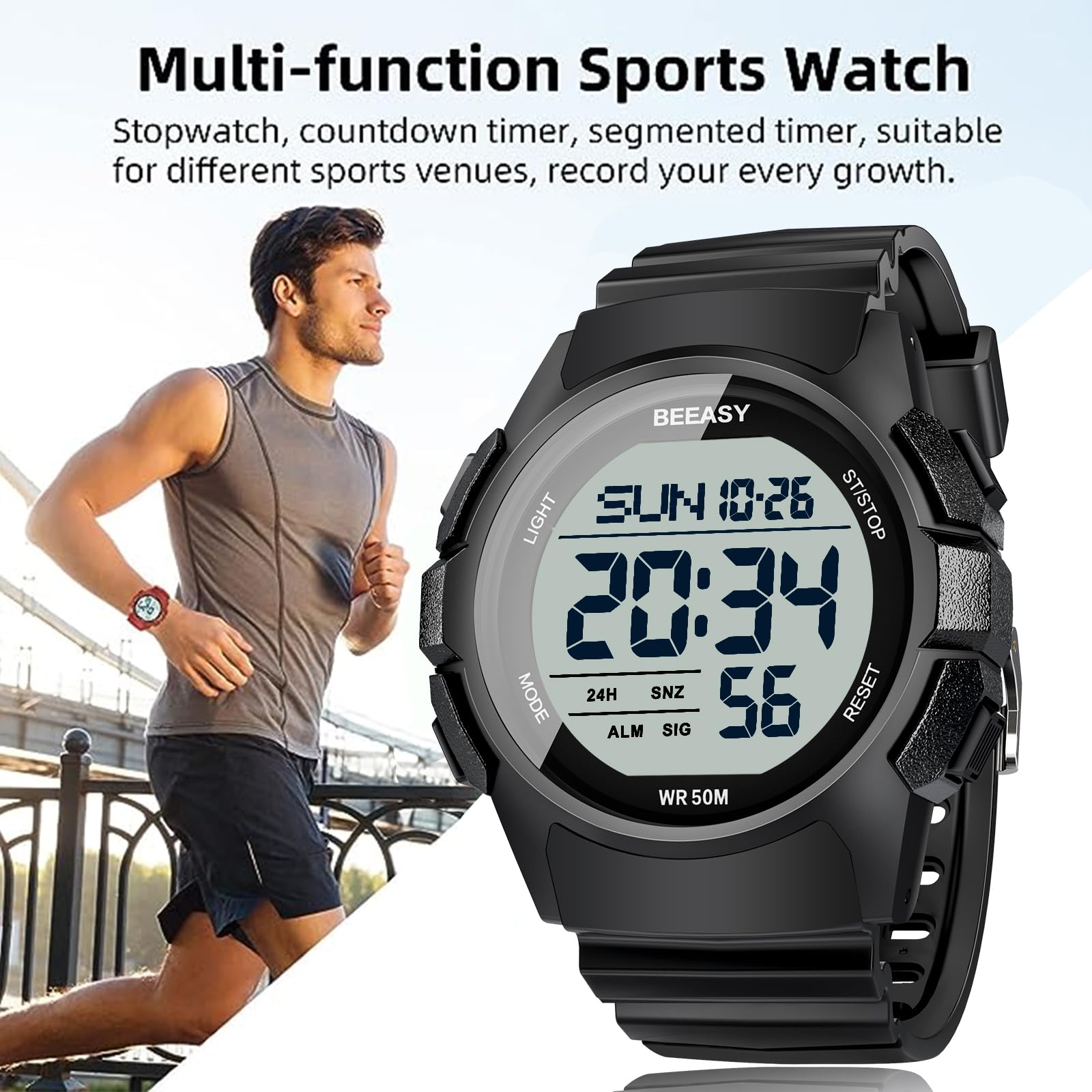 Beeasy Men's Digital Sports Watch - Waterproof, Stopwatch, Countdown Timer, Alarm, Dual Time - Durable Rubber Strap Wristwatch for Men & Students - Perfect for Running, Gym Workouts & Outdoor Activities