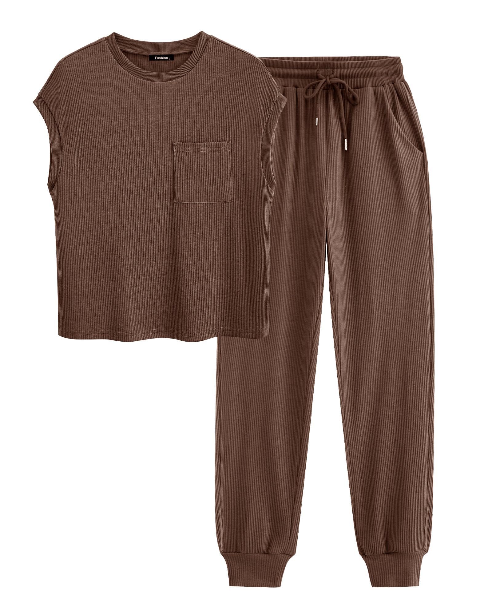 BTFBM Women's 2-Piece Tracksuit Set - Short Sleeve Top & Drawstring Jogger Pants | Casual Workout Outfit for Gym, Running & Lounge Wear