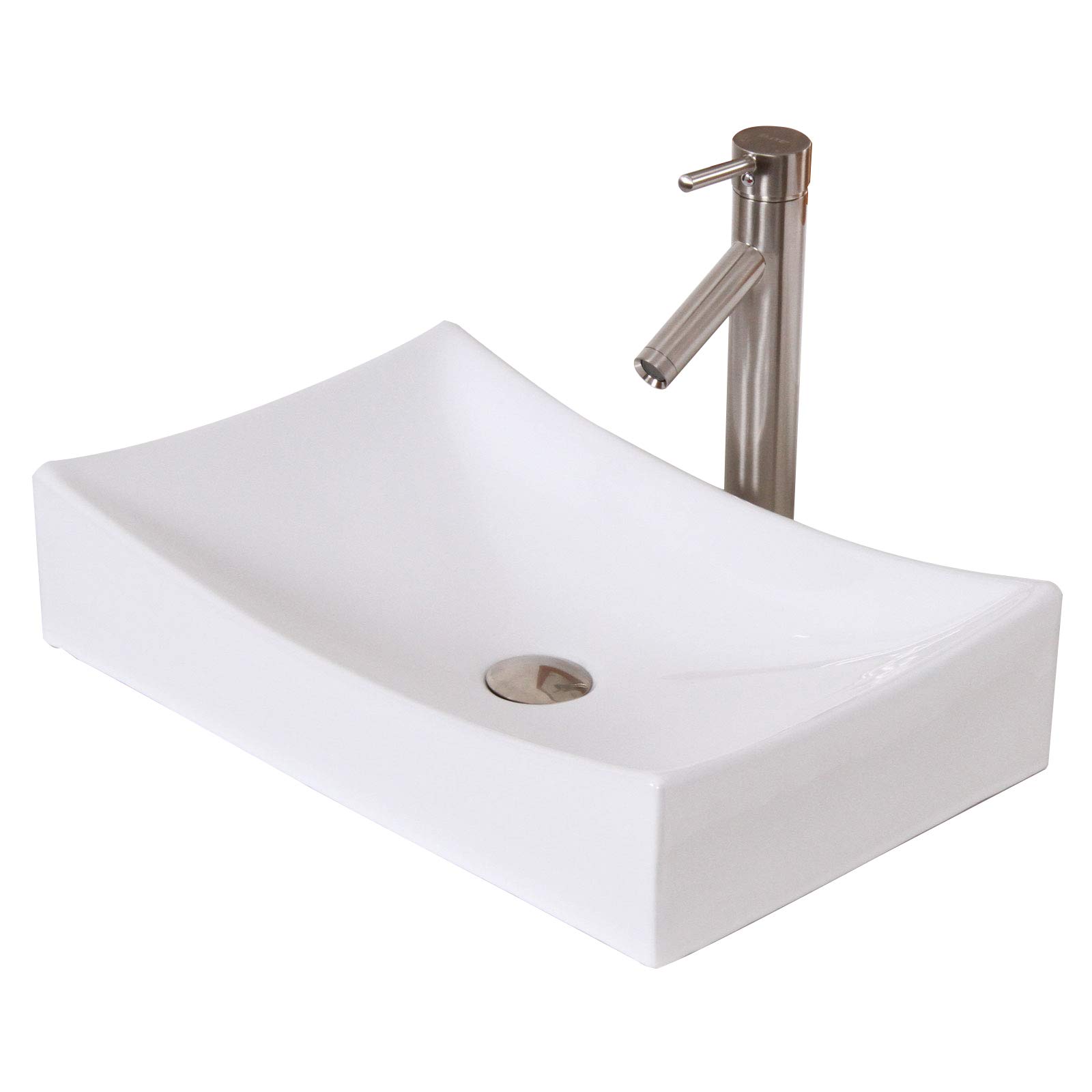 Premium White Ceramic Rectangular Vessel Sink with Brushed Nickel Faucet - Modern Bathroom Vanity Sink for Powder Room, Guest Bath & Master Suite