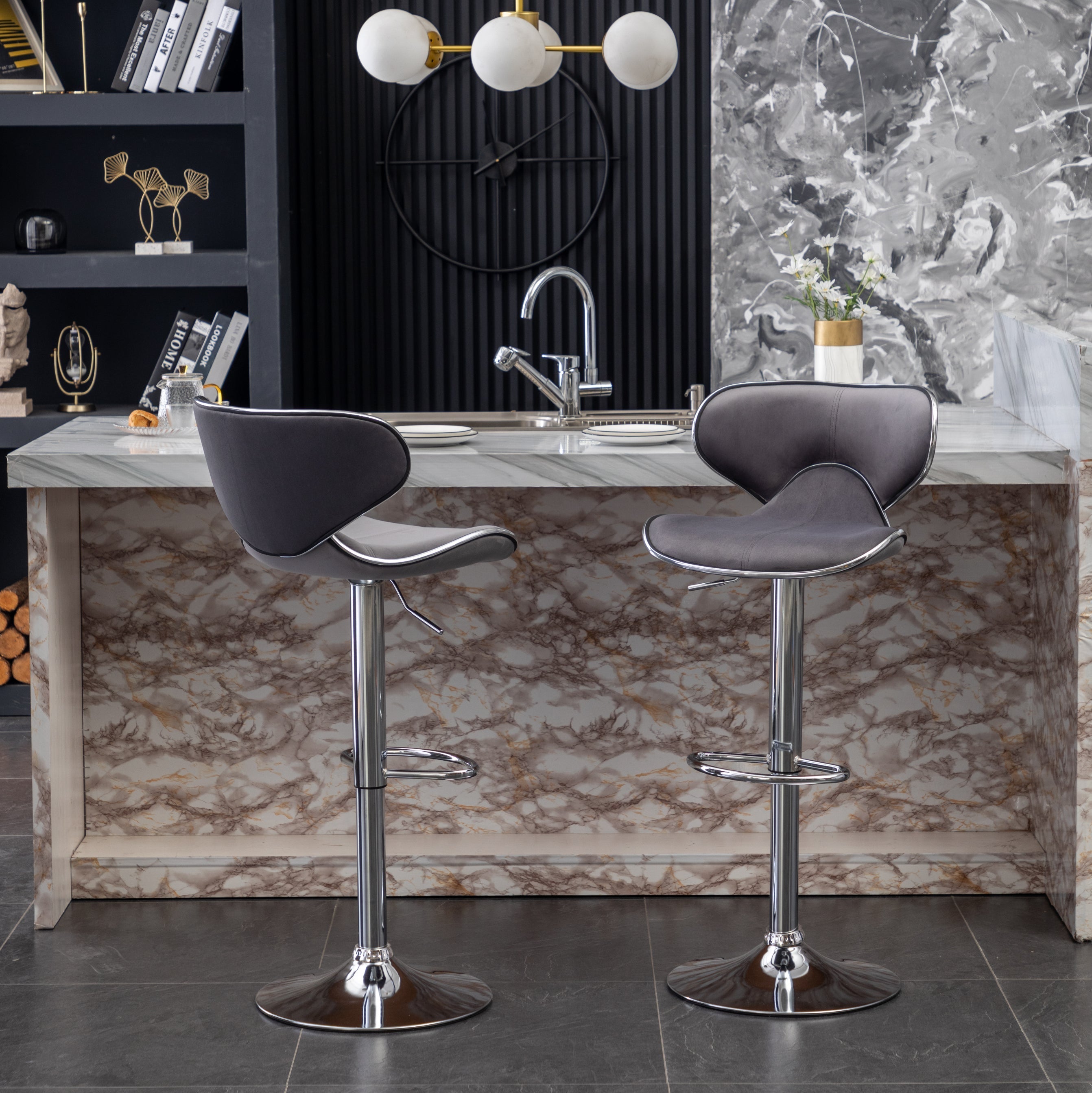 Roundhill Furniture Masaccio Velvet Upholstered Adjustable Swivel Bar Stool - Set of 2, Gray - Modern Kitchen Island & Home Bar Stools for Dining & Entertaining