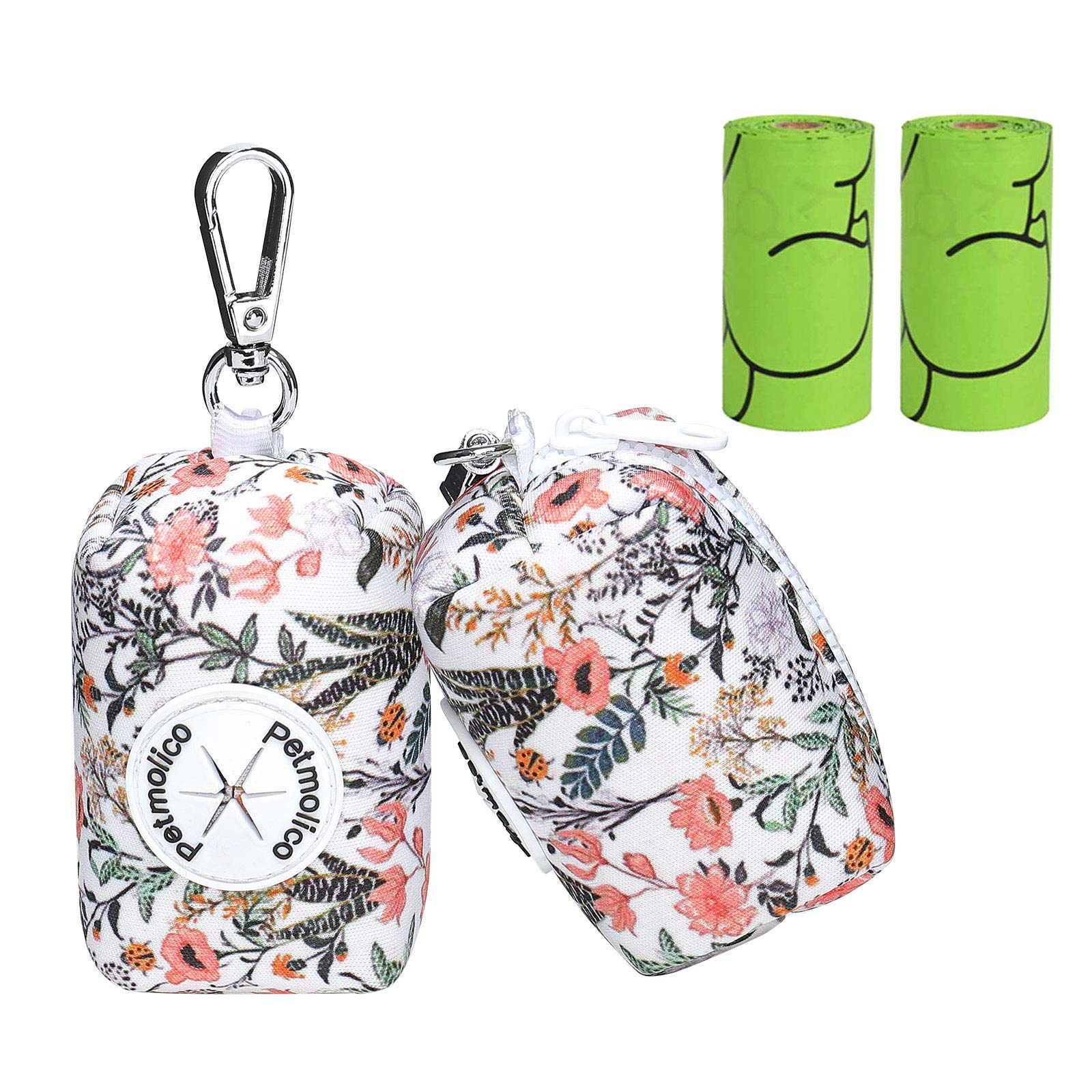 Petmolico Dog Poop Bag Holder & Leash Attachment - Waterproof Waste Bag Dispenser with Zippered Pouch (2 Pack) - Fits All Dog Leashes - Includes Free Roll of Biodegradable Poop Bags - Rainforest Flower Design - Perfect for Walking, Hiking & Outdoor Adventures with Your Dog