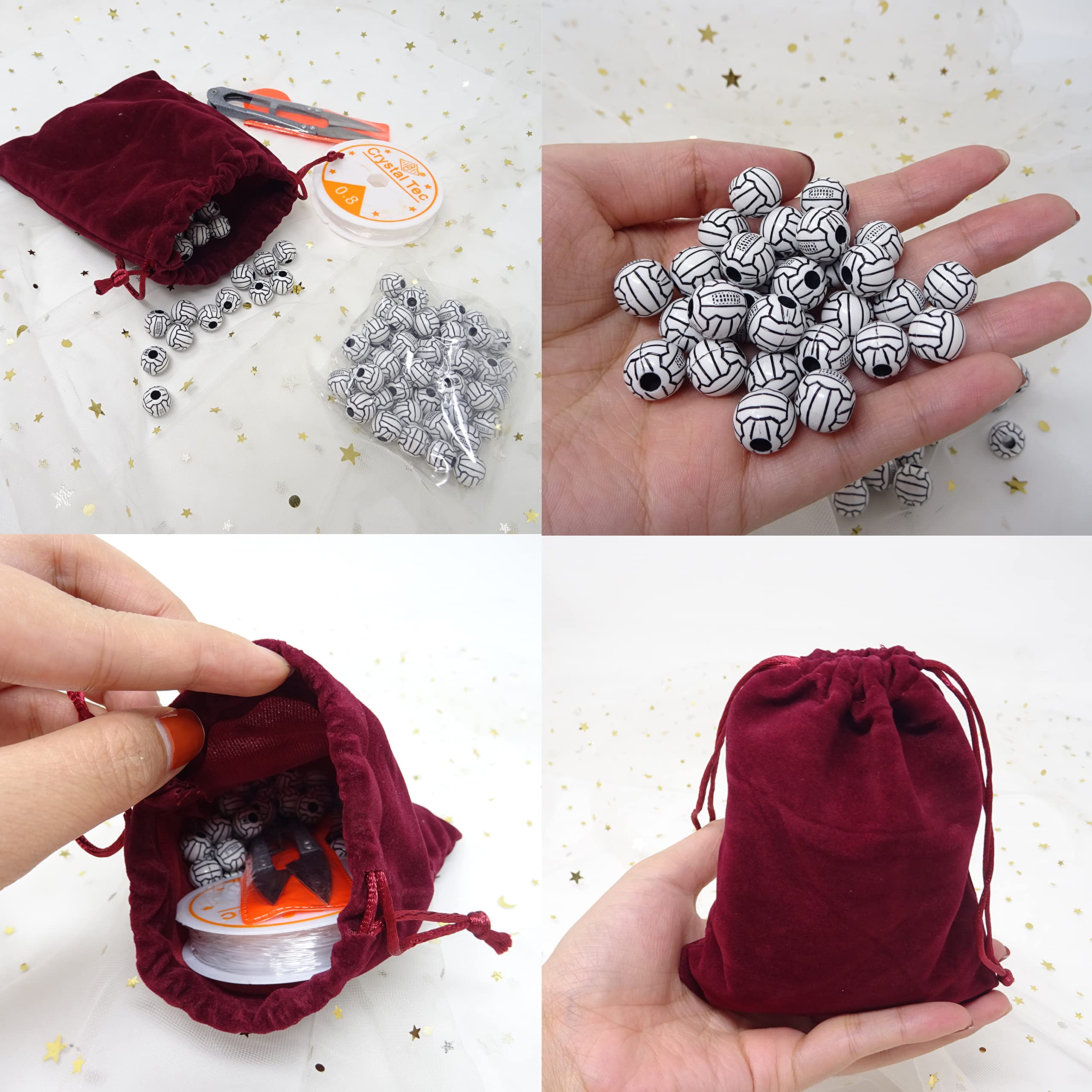 100PCS Acrylic Sports Ball Beads with Large Hole - DIY Volleyball Beads, Round Spacer Beads for Jewelry Making - Includes Elastic Rope, Velvet Drawstring Bag & Scissors - Perfect for Bracelets, Necklaces & Craft Projects