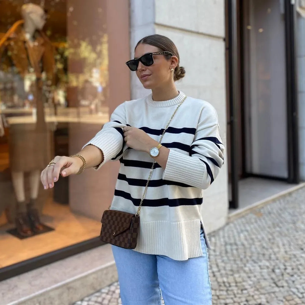 Women's Oversized Striped Knit Pullover Sweater - Casual Loose Fit Thick Winter Jumper for Autumn & Cold Weather - Cozy Layering for Work, Travel & Home
