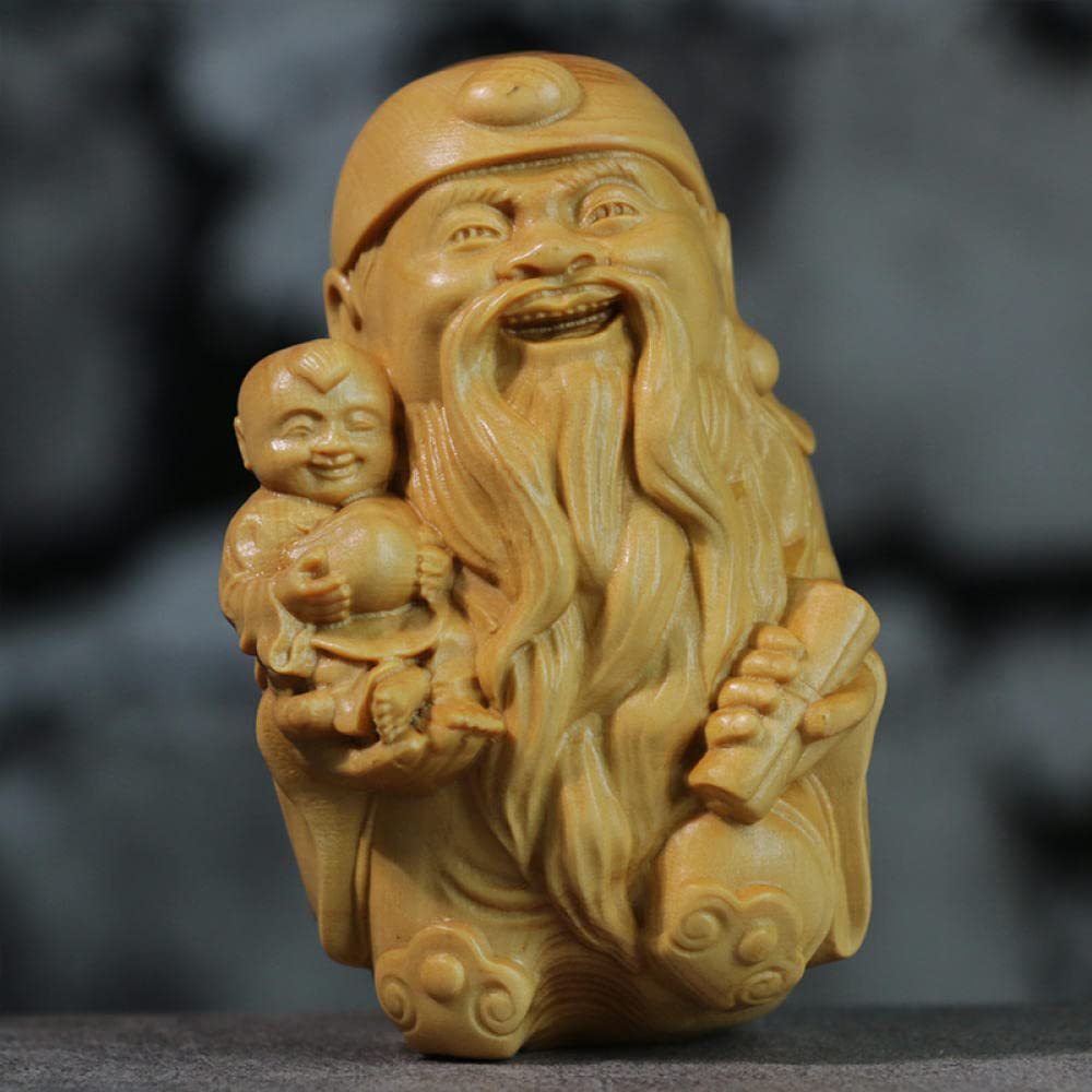 8cm Fu Lu Shou Auspicious Three Stars Boxwood Carved Solid Wood Sculpture - Handcrafted Home Decoration, Collectible Figurines, Buddhist Art Gift for Birthday & Housewarming - Perfect for Living Room Shelf, Office Desk & Meditation Space