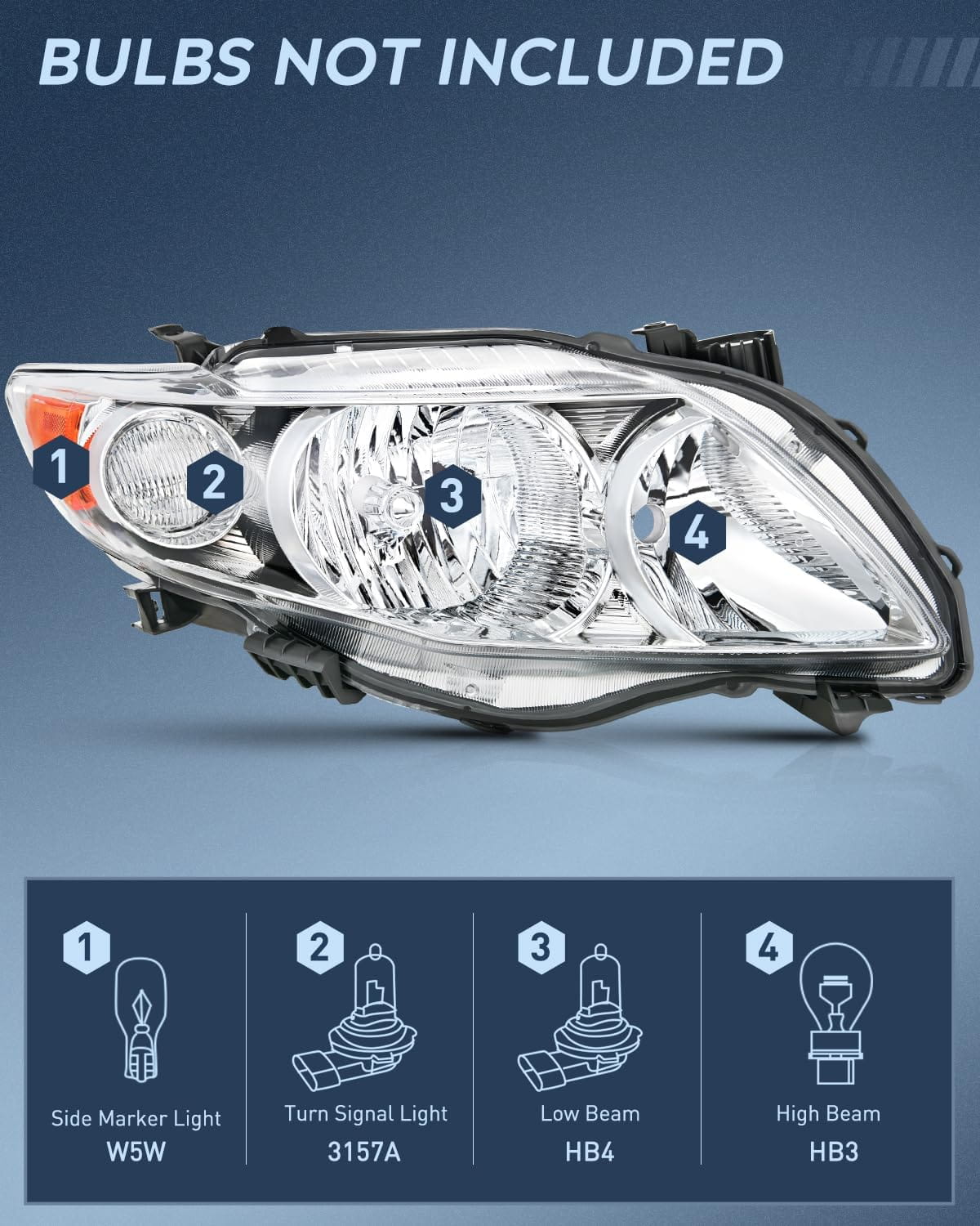 2009-2010 Toyota Corolla XLE LE Base Model Headlight Assembly - Chrome Housing with Amber Reflector - Replacement for Foggy or Damaged Headlights - Perfect for Night Driving and Low Visibility Conditions