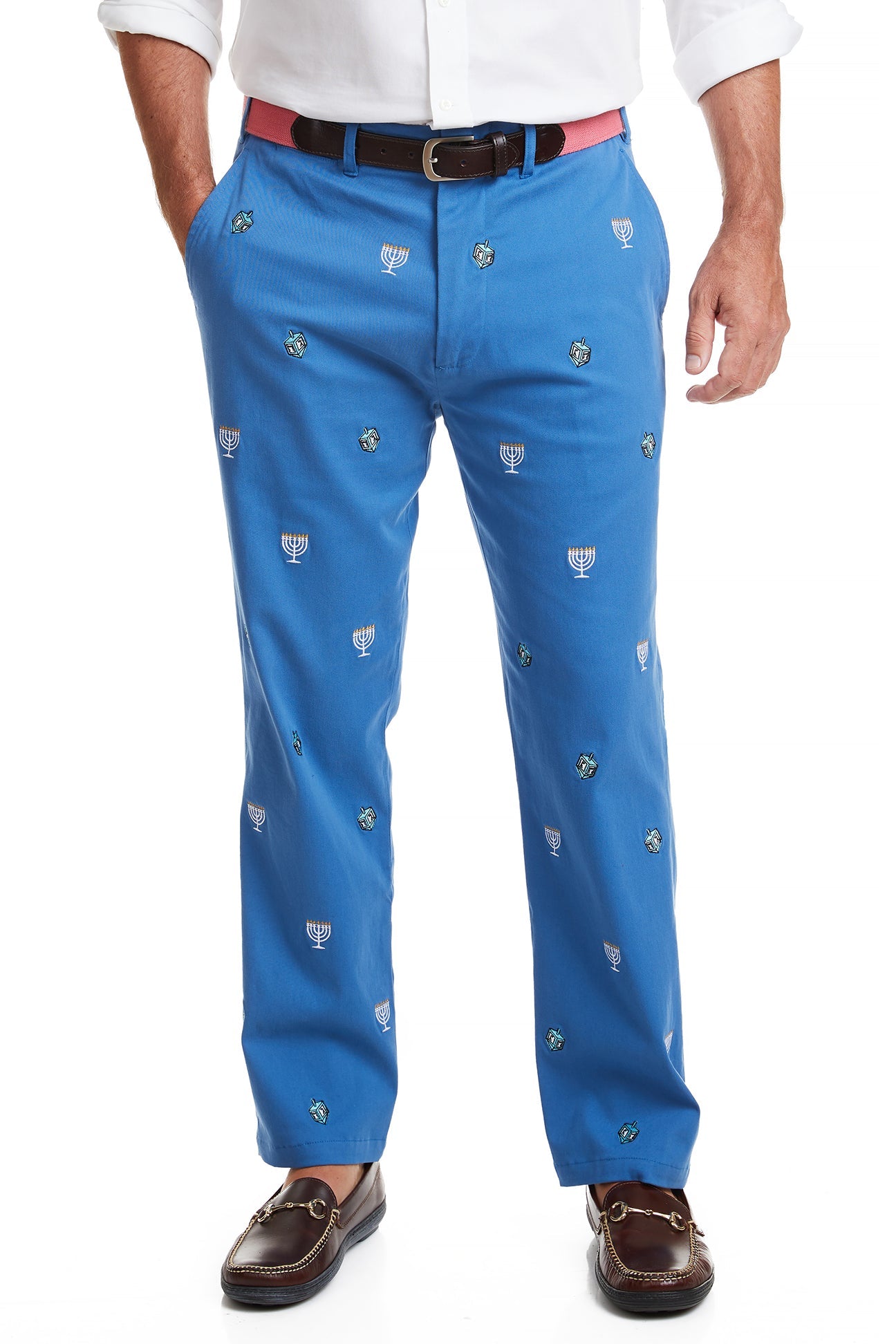 Men's Harbor Pant Deep Ocean Blue - Hanukkah Menorah & Dreidel Print Casual Pants for Holiday Parties & Festive Gatherings