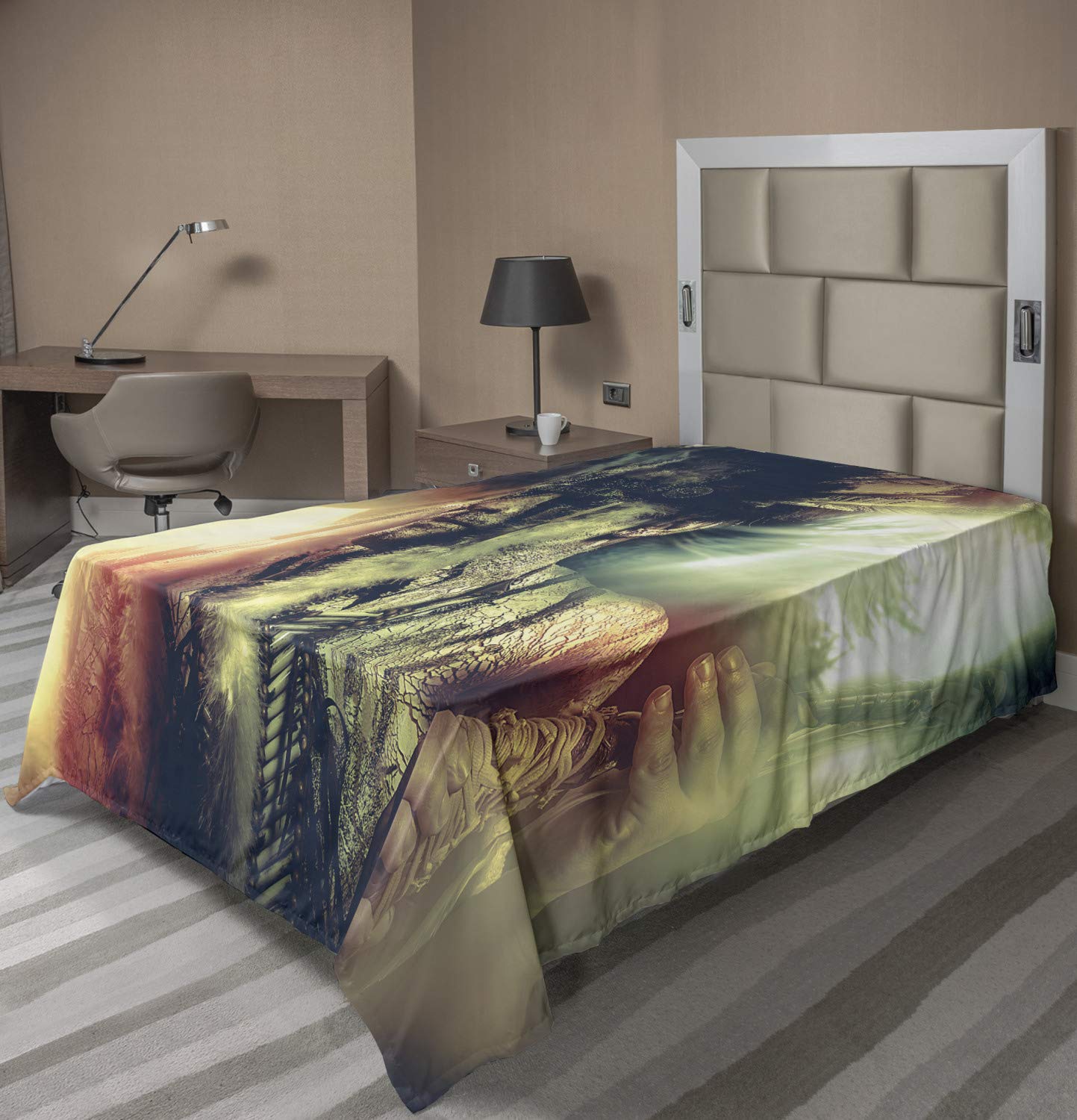 Ambesonne Tattoo Flat Sheet - Tribal Warrior Chief with Noble White Horse Print | Soft Comfortable TwinXL Top Sheet | Black & White Decorative Bedding for Boho, Native American, or Western Themed Bedrooms