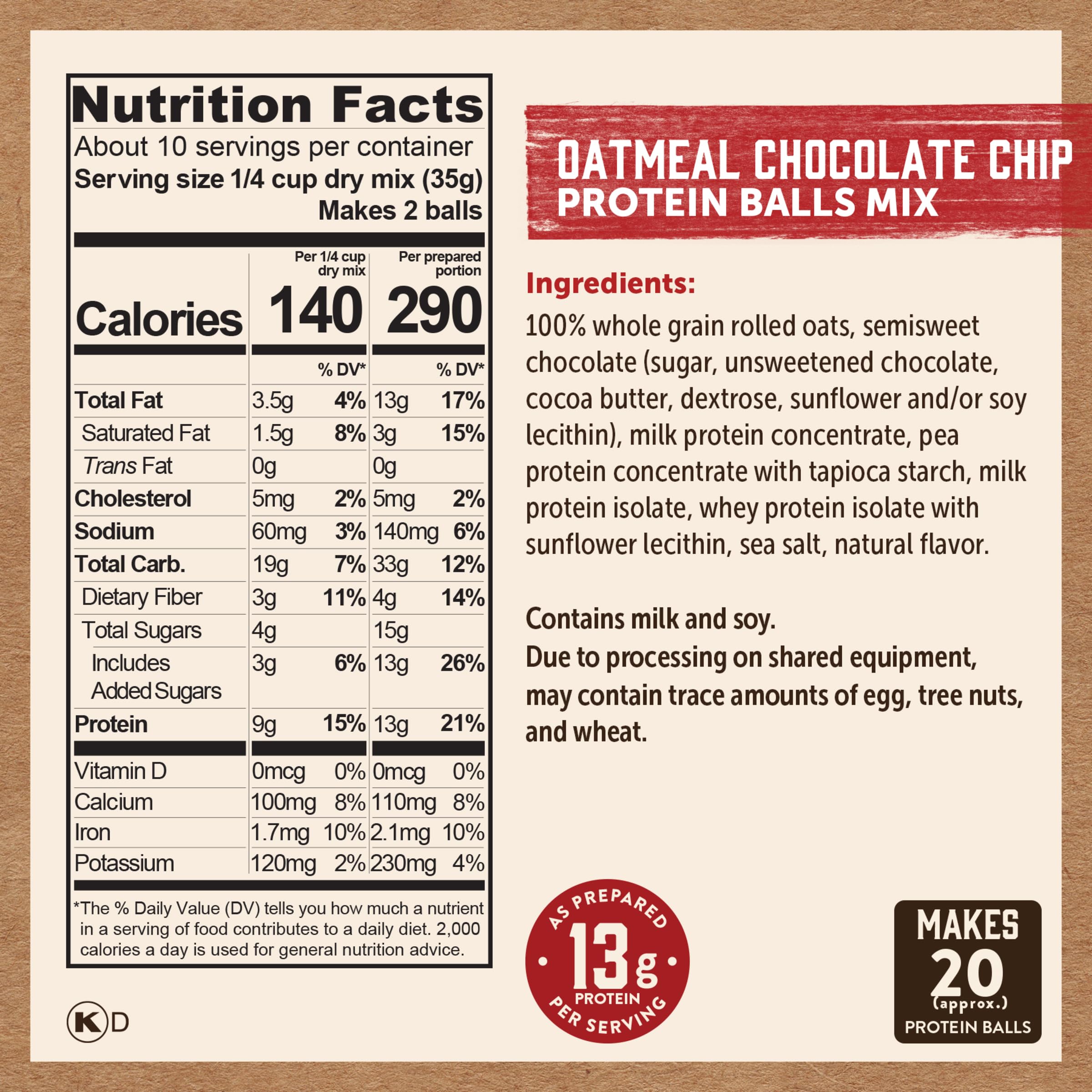Kodiak Cakes Oatmeal Protein Ball Mix - Chocolate Chip Flavor, High Protein Snack, 100% Whole Grains, Pack of 6 | Perfect for Post-Workout Recovery, Healthy Breakfast & On-the-Go Energy Boost