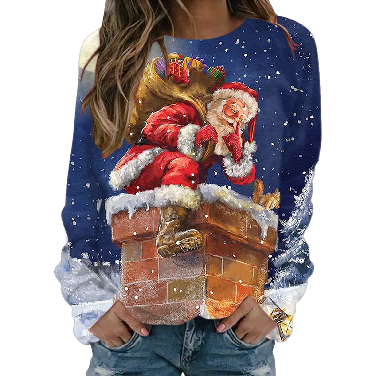 WOCACHI Women's Christmas Sweater - Cute Reindeer Print Long Sleeve Crewneck Pullover | Casual Loose Fit Holiday Top for Christmas Parties, Family Gatherings & Winter Outfits