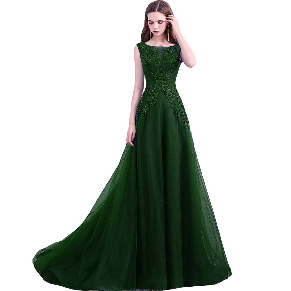 Elegant Sheer Bateau Neckline Beaded Lace Tulle Formal Evening Gown for Women | Prom, Wedding, Cocktail Party & Special Occasion Dresses