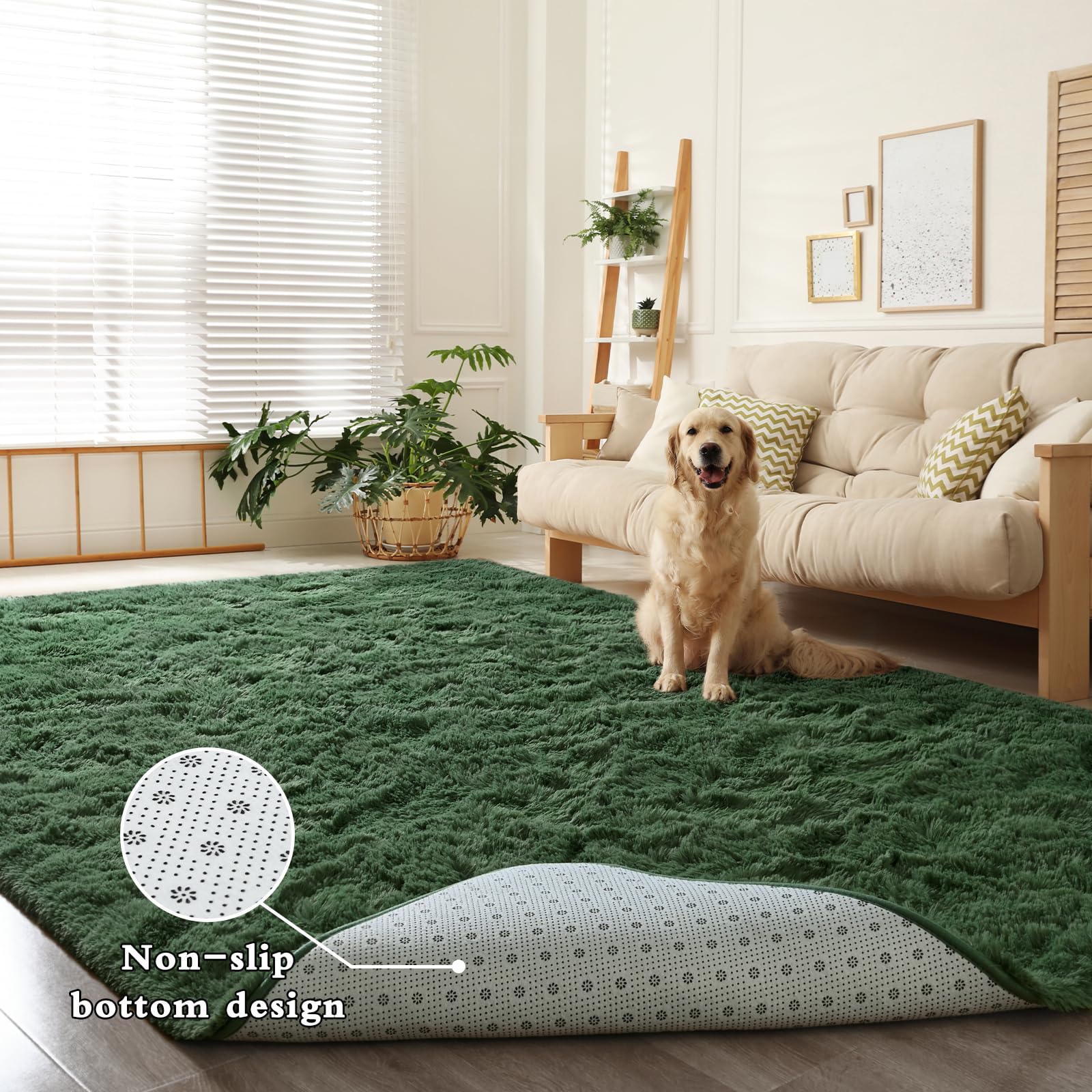 DweIke Fluffy Dark Green Shaggy Area Rug - 4x6 Feet Soft Plush Carpet for Bedroom, Living Room, Nursery | Non-Slip Washable Floor Mat for Kids, Boys & Girls | Perfect for Cozy Home Decor, Playroom & Baby Room