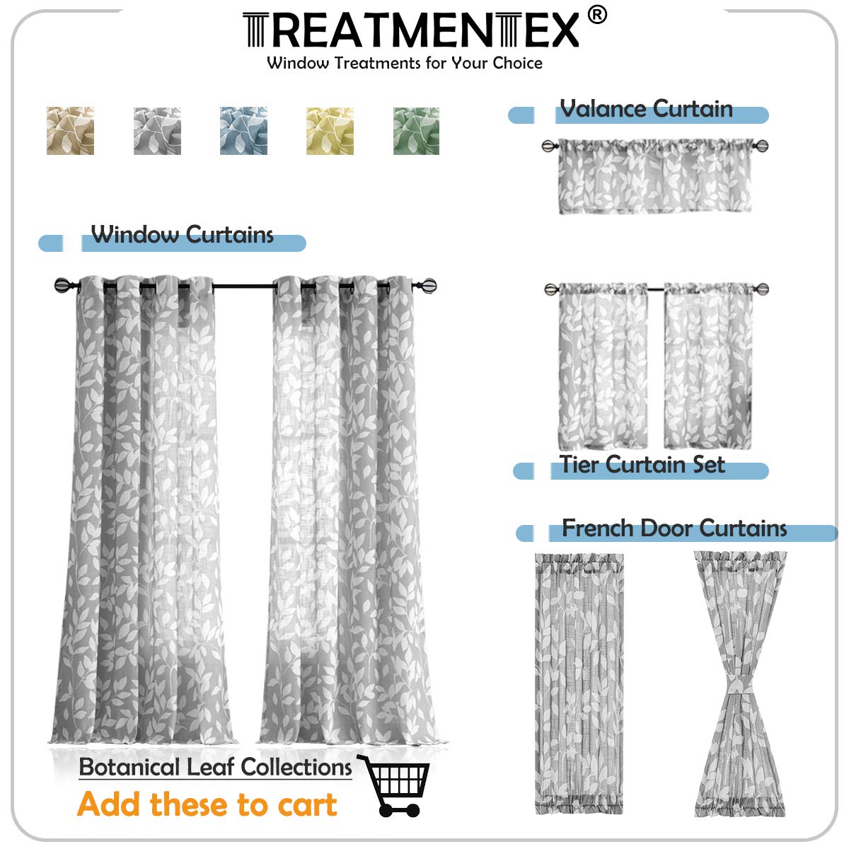 Treatmentex Leaf Print Semi-Sheer Curtains - 95 Inch Long White & Green Window Drapes with Grommet Top (1 Pair) | Elegant Living Room & Bedroom Window Treatments for Natural Light Filtering & Privacy