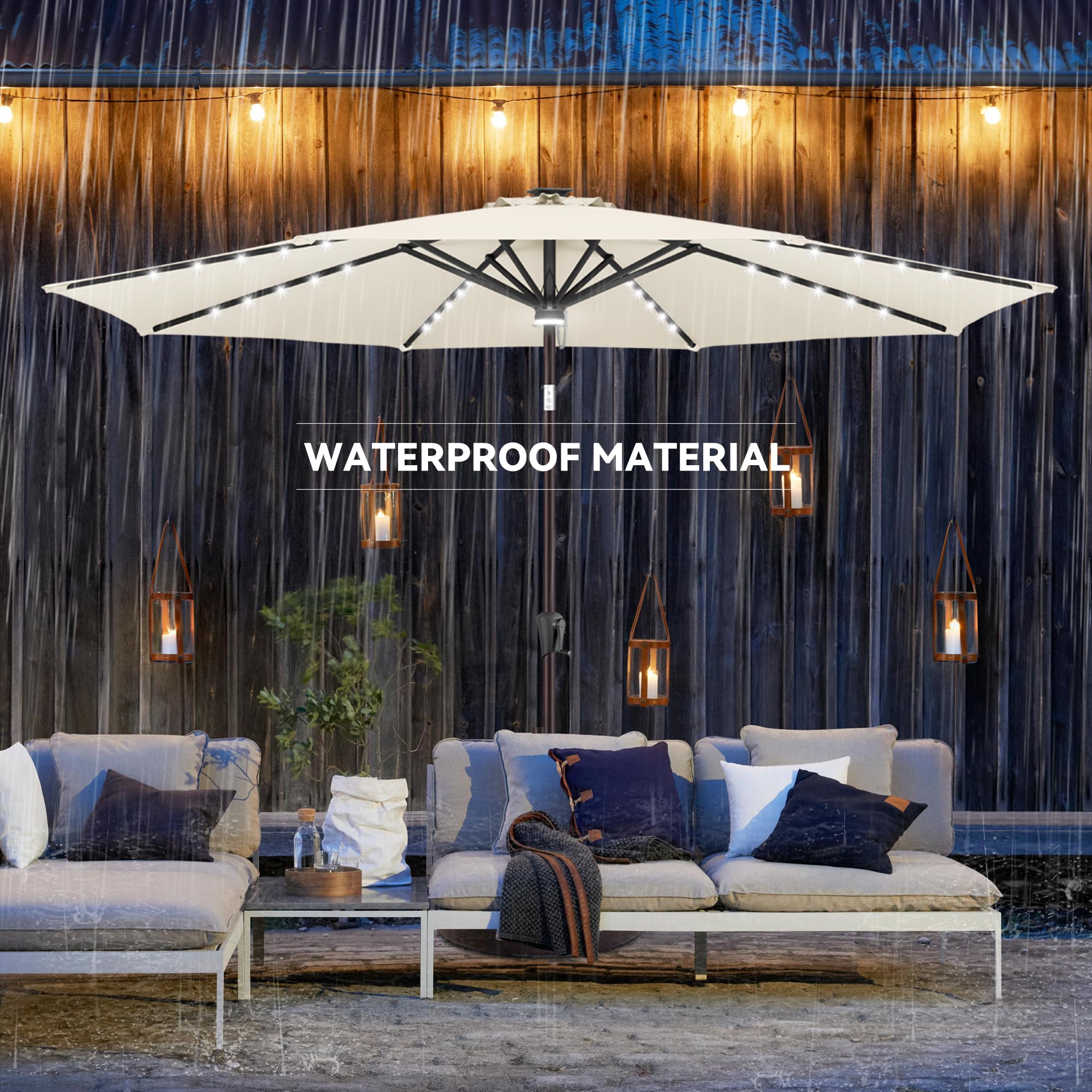 9 ft Solar Powered LED Patio Umbrella with 40 Energy-Saving Lights - Waterproof Outdoor Market Umbrella for Garden, Poolside, Backyard & Beach - Ivory