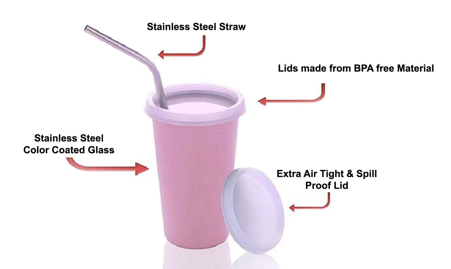 NOBILEA Glass Cup with Straw for Kids and Adults - 370ml Insulated Stainless Steel Straw, Leak-Proof Lid - Perfect for Milk, Juice, Smoothies (Pink) - Ideal for Home, Office, Travel and Outdoor Activities