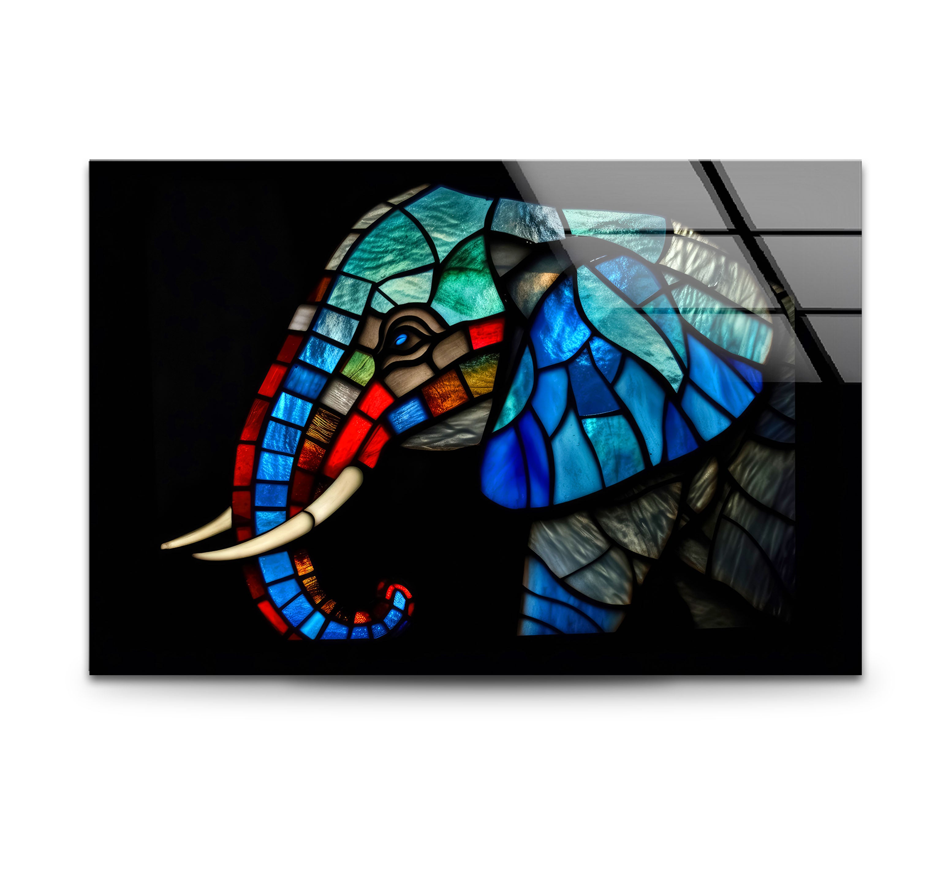 Blue Stained Glass Elephant Wall Art - Vibrant Animal Glass Print Design for Home Decor, Living Room & Bedroom
