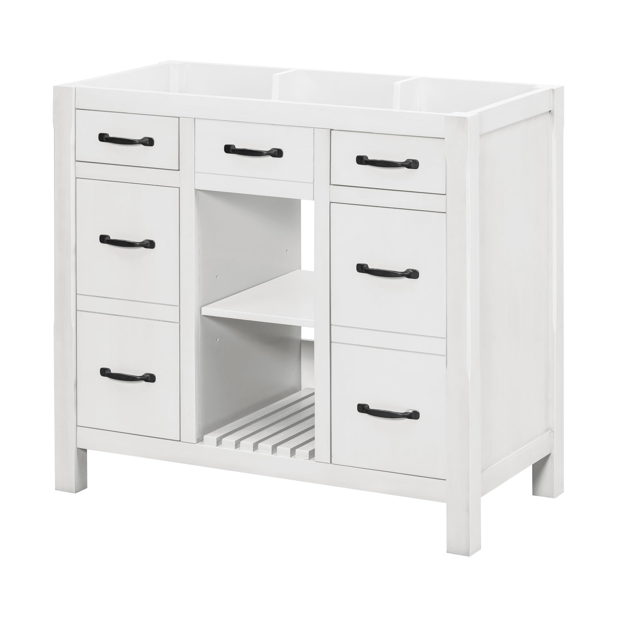 36 Inch White Modern Bathroom Vanity Without Sink - Solid Wood Storage Cabinet with 2 Drawers, 1 Open Shelf & 2 Small Cabinets - Perfect for Bathroom Organization and Small Space Storage Solutions