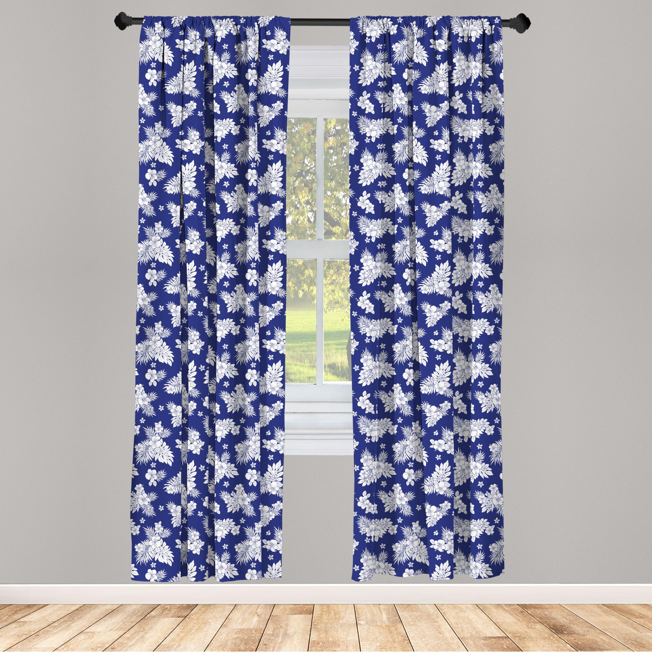 Ambesonne Blue and White Window Curtains - Floral Aloha Style Exotic Corsage Design, Lightweight 2-Panel Set with Rod Pocket (28
