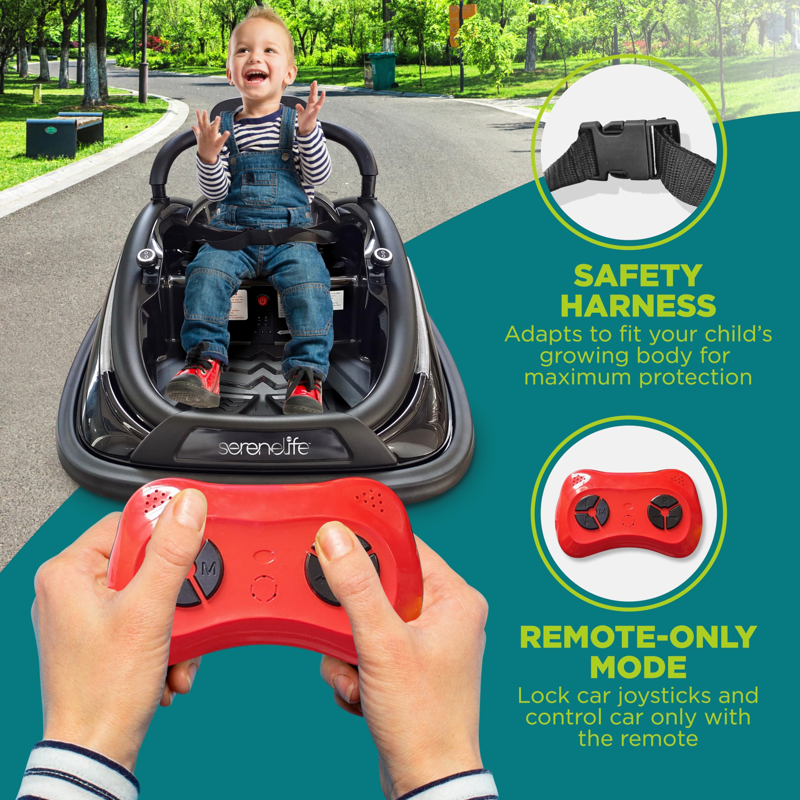 SereneLife 12V Electric Bumper Car for Kids 3-8 Years - Remote Control Ride-On Toy with 360° Spin, LED Lights & Safety Belt | Indoor/Outdoor Play for Toddlers & Children | Birthday Gift & Party Entertainment
