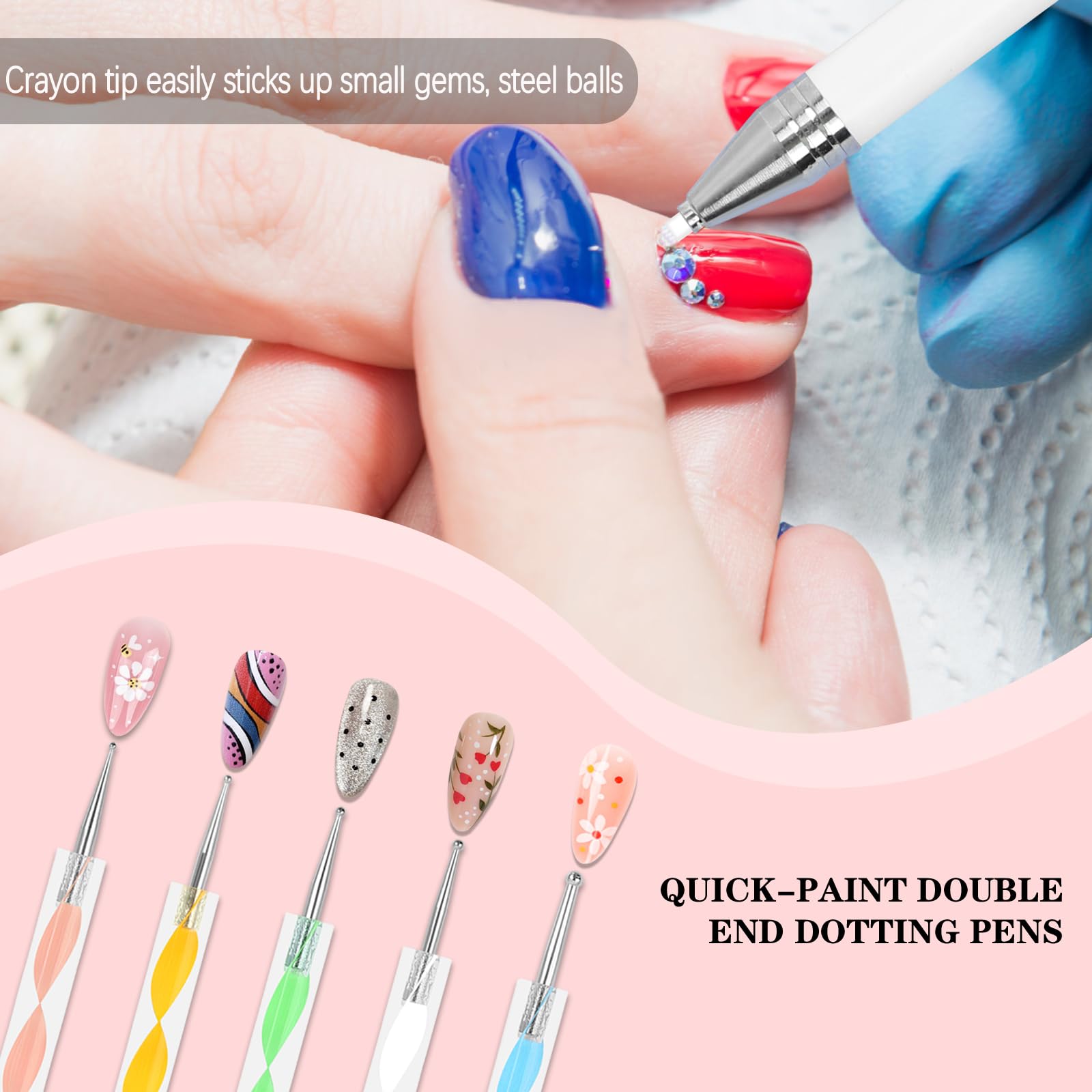 Diamond Art Pen & Rhinestones Applicator - 5Pcs Dual-Ended Wax Pencil for Crystal Beads, Gem Picker Tool with Nail Dotting Tools - Perfect for DIY Nail Art, Manicure & Craft Decoration (White)