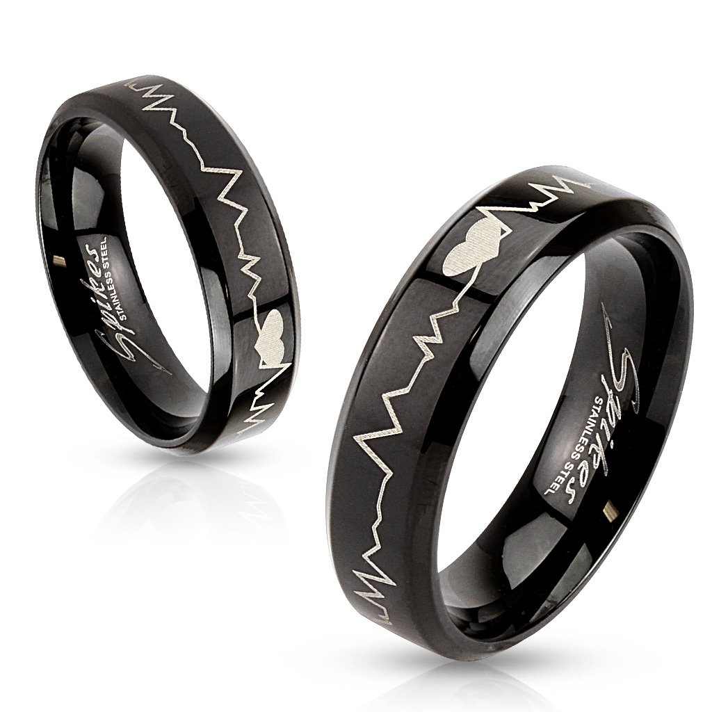 Heartbeat Stainless Steel Black IP Laser Engraved Band Ring for Men & Women - Perfect Wedding, Anniversary, Couple or Promise Rings