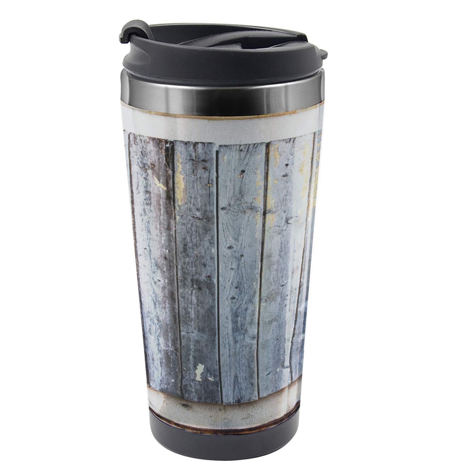 Ambesonne Rustic Travel Mug - 16 oz Stainless Steel Thermal Cup with Antique Wooden Window Design, Charcoal - Perfect for Coffee, Tea & Hot Drinks On The Go, Camping, Office & Outdoor Adventures
