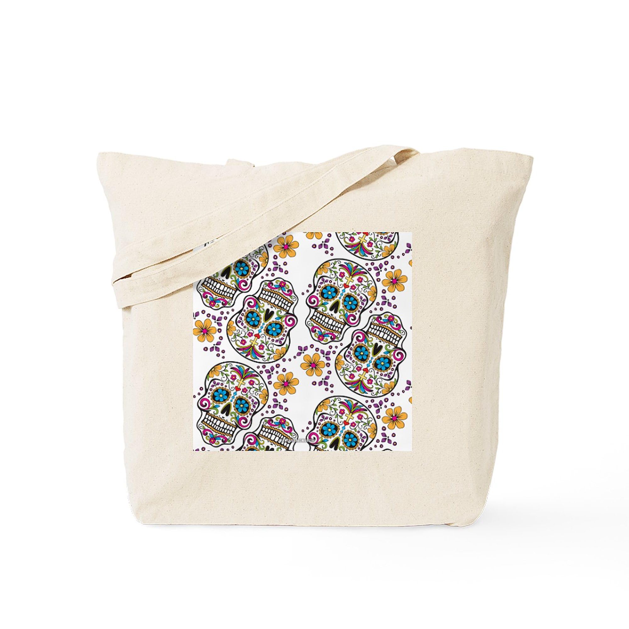 Sugar Skull Halloween White Tote Bag - Natural Canvas Reusable Shopping Bag for Groceries, Beach & Everyday Use