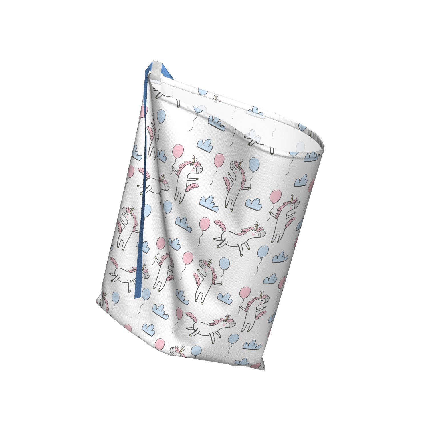 Ambesonne Cartoon Unicorn Fabric Gift Bag with Clouds & Balloons - Themed Party Present Sack for Birthdays & Celebrations - Includes 3 Ribbons, 27