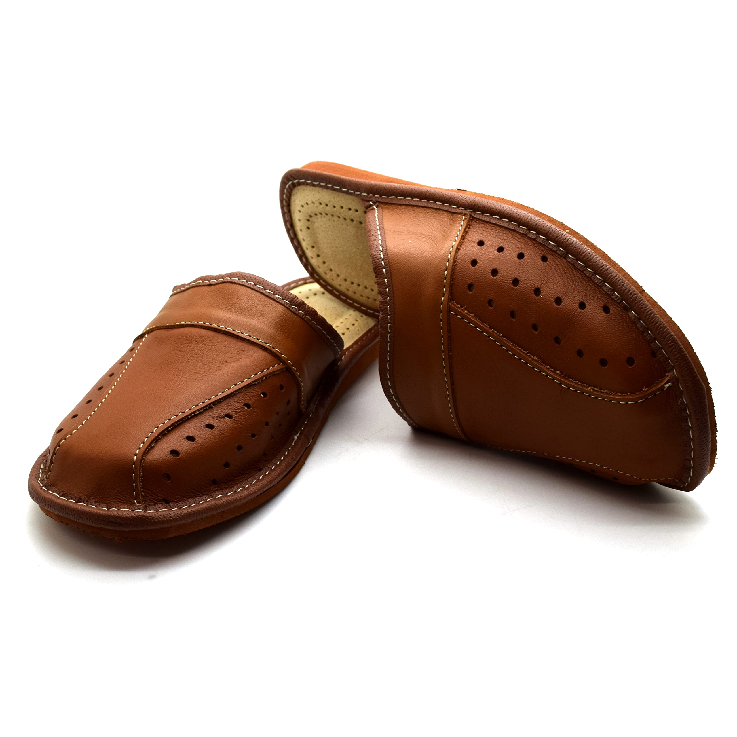SolaDirect Men's Natural Leather Slippers - Comfortable Closed Toe Slip-On Mules for Indoor & Outdoor Use - Perfect House Shoes, Lounge Sandals for Relaxing at Home or Quick Errands
