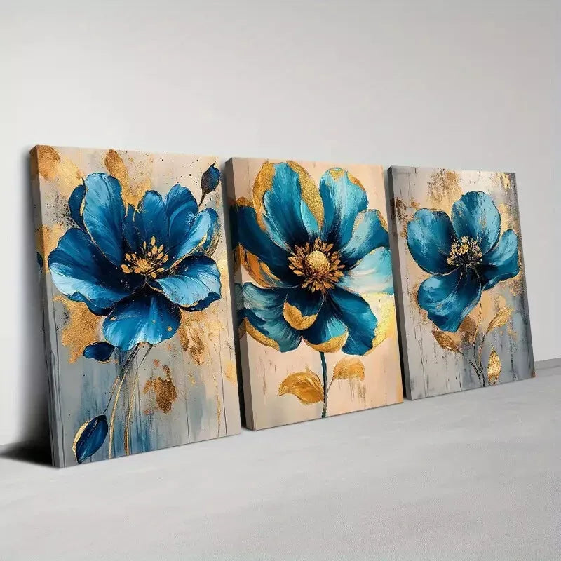 3-Piece Elegant Blue and Gold Floral Art Set - 50x70cm Framed Canvas Wall Decor - High Quality Print - 100% Australian Made - Ready to Hang - Perfect for Living Room, Bedroom, Office Decor