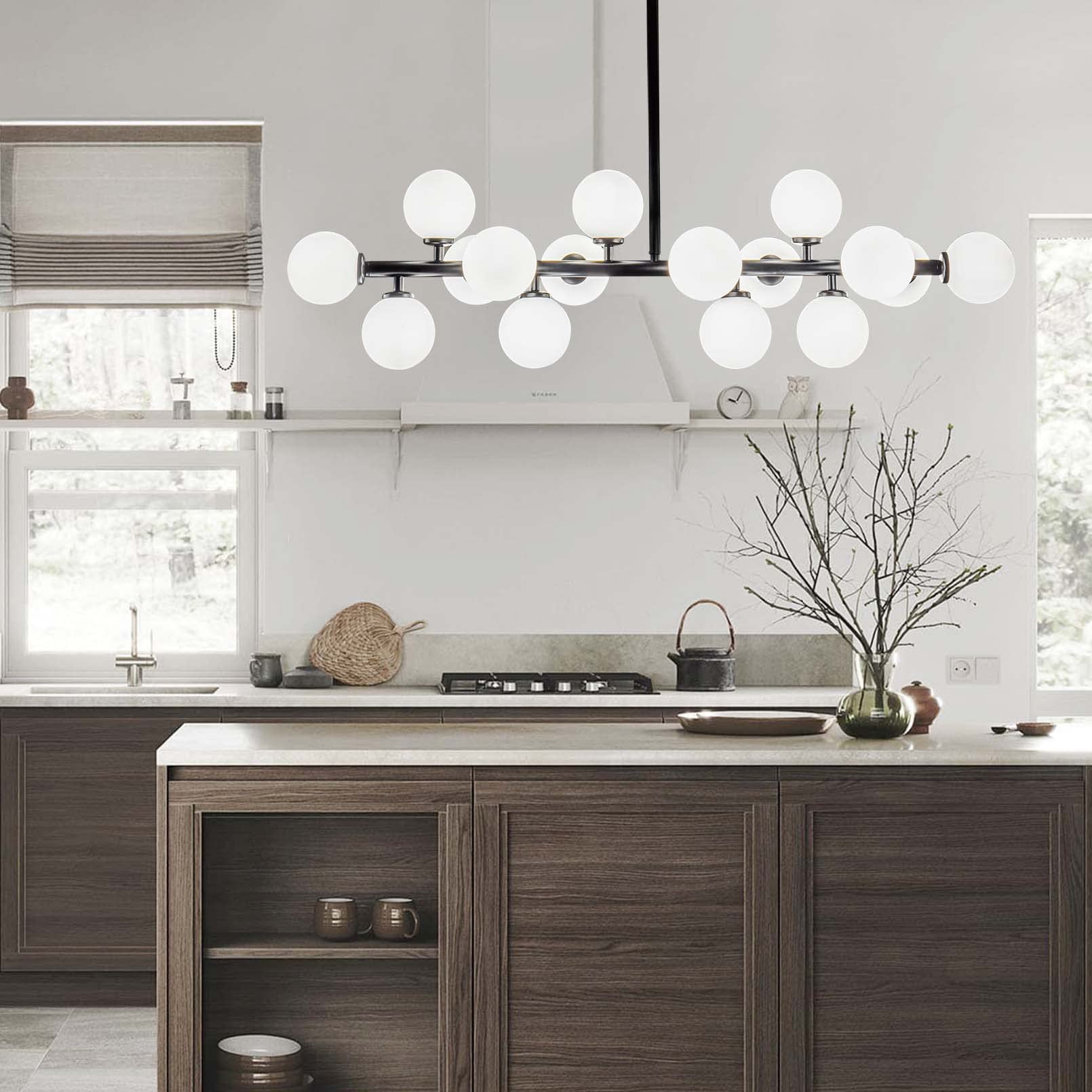 Mid Century Modern 16-Light Black Linear Chandelier - Elegant Pendant Lighting Fixture for Dining Room & Kitchen | Perfect for Contemporary Home Decor & Open Concept Spaces