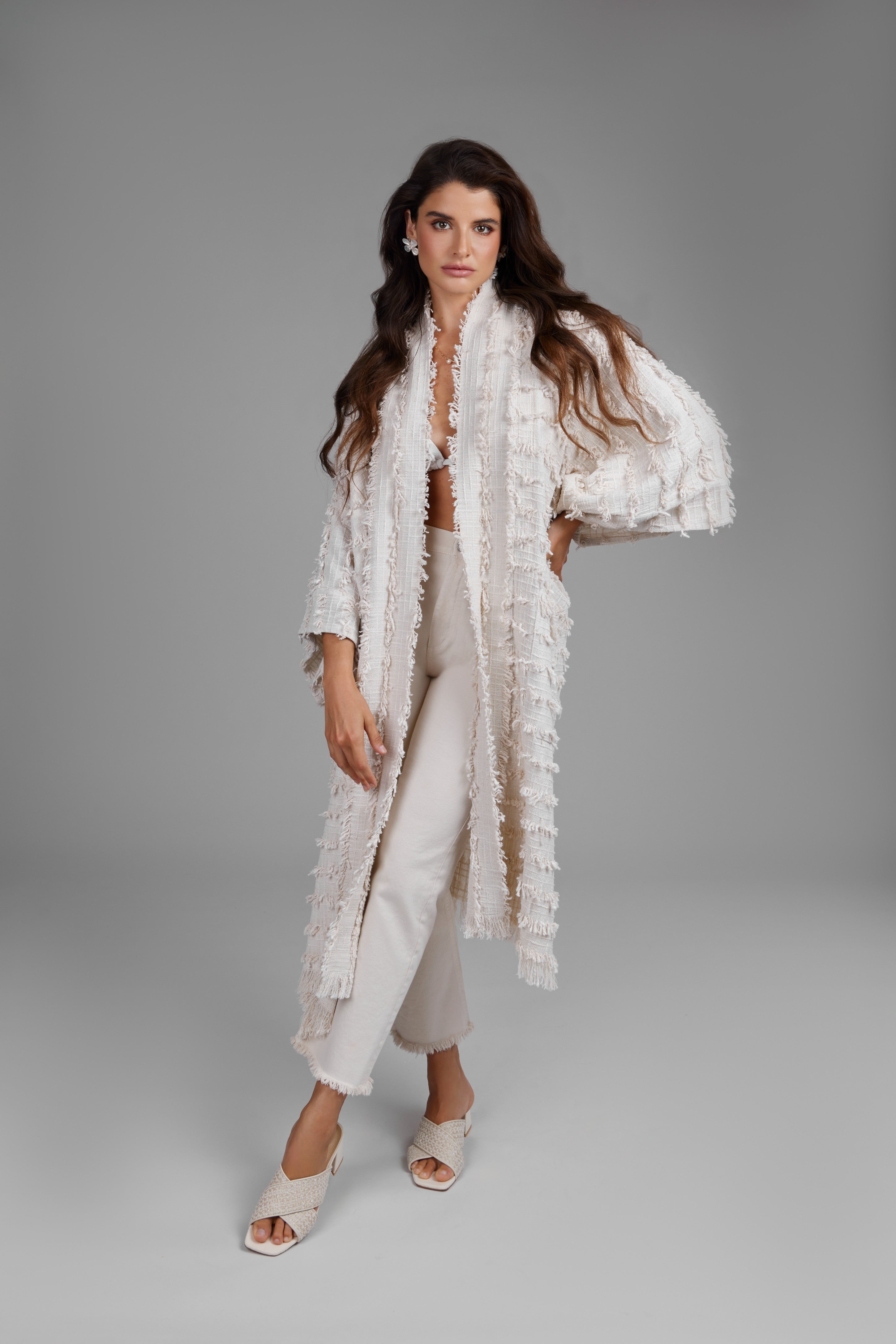 Ivory Fringe Long Jacket for Women - Boho Chic Outerwear Coat with Tassel Details | Perfect for Music Festivals, Date Nights & Fall Layering