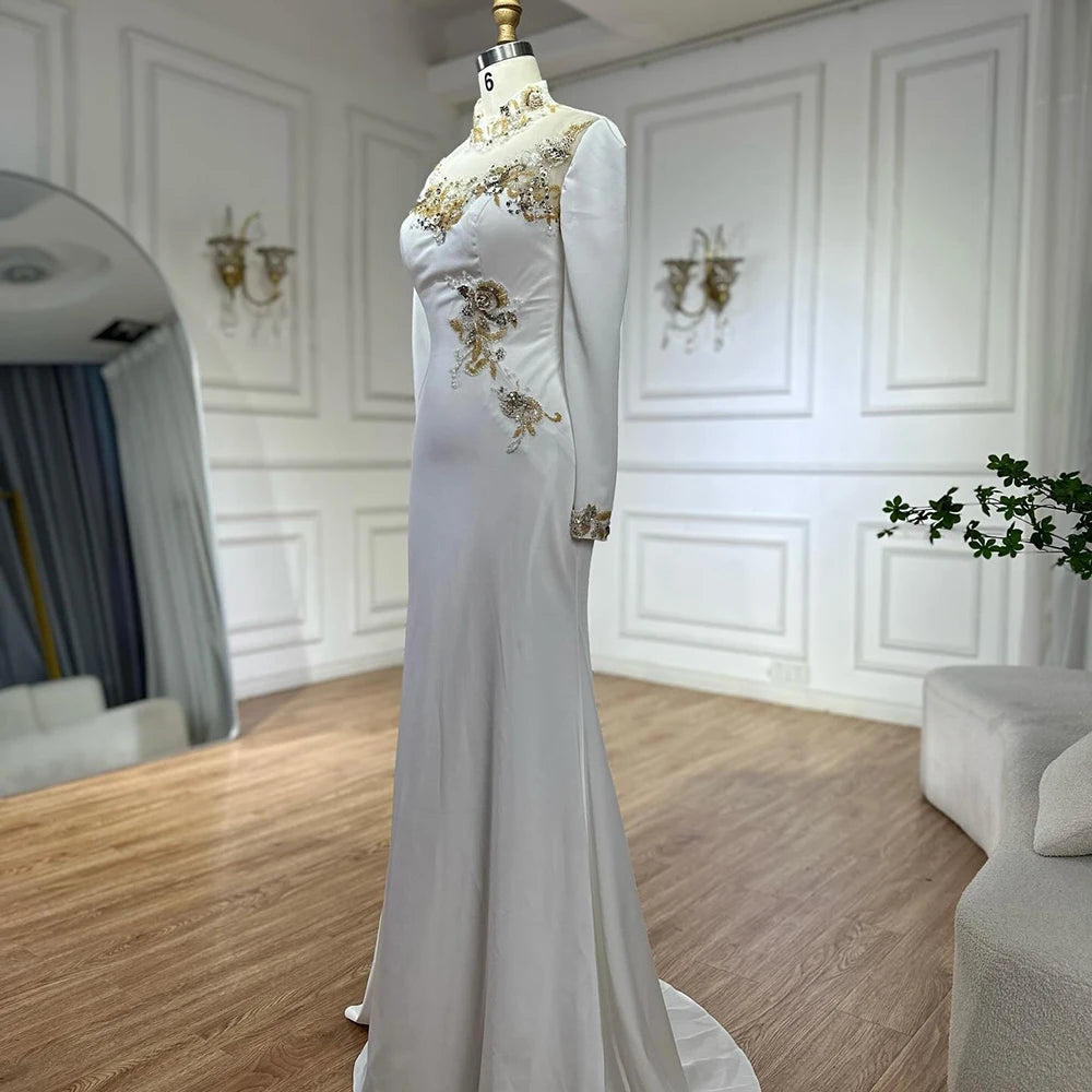 Luxury Dubai Arabic White Beaded Satin Saudi Mermaid Evening Dress Gown for Women - Formal Occasion Wedding Party Prom LA72815 | Elegant Long Sleeve Bridal Gown for Special Events