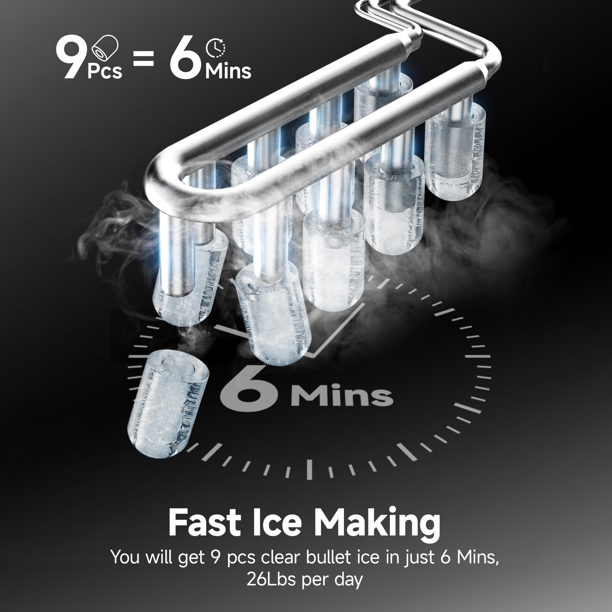 EUHOMY Portable Ice Maker Machine - 9 Cubes in 6 Minutes, 26lbs/24H, Self-Cleaning Countertop Ice Maker with Carry Handle, Ice Basket & Scoop, 2 Ice Size Options for Home, Kitchen, Office, RV & Outdoor Parties